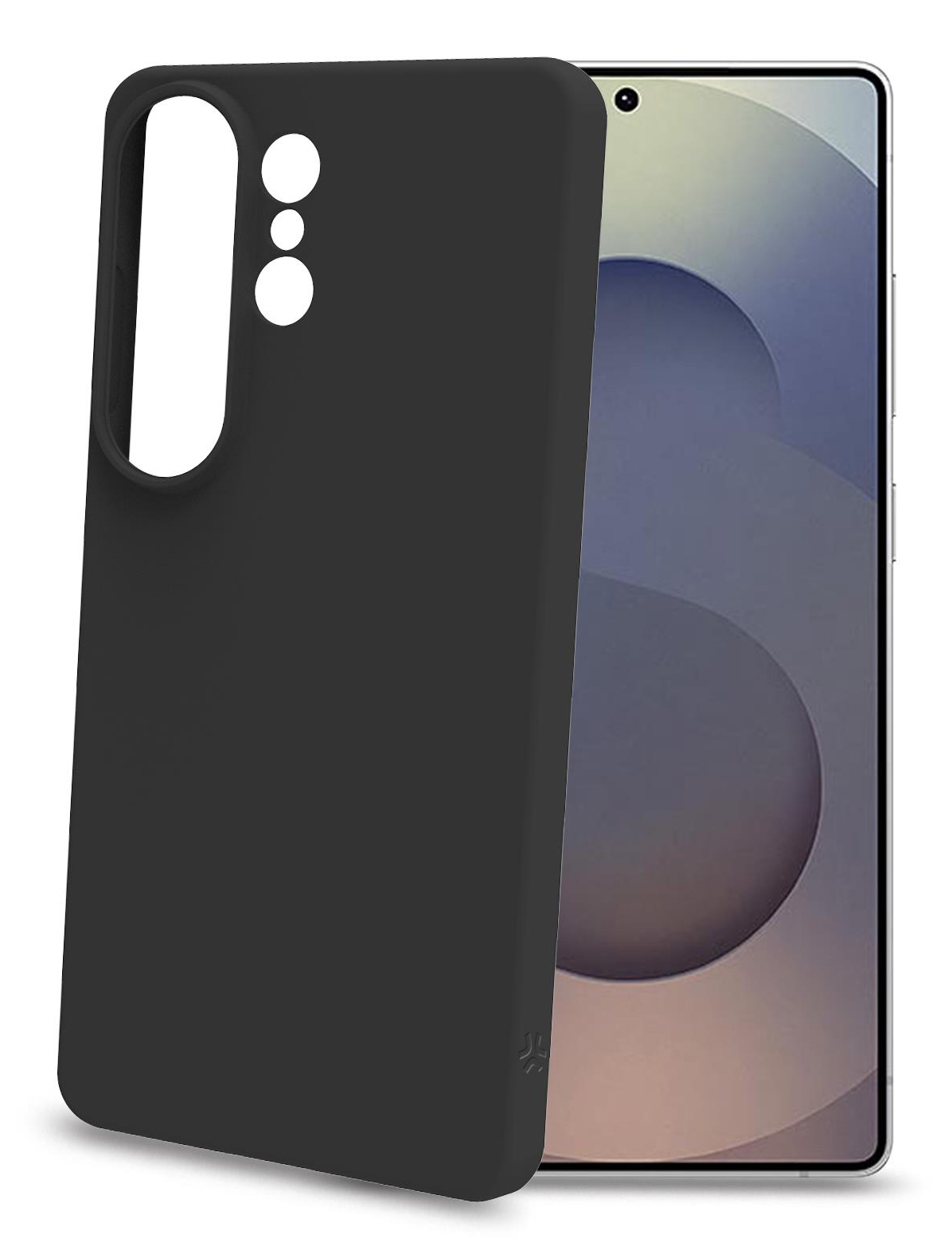 Custodia nera per telefono con ritagli per fotocamera accanto a uno smartphone con sfondo blu.