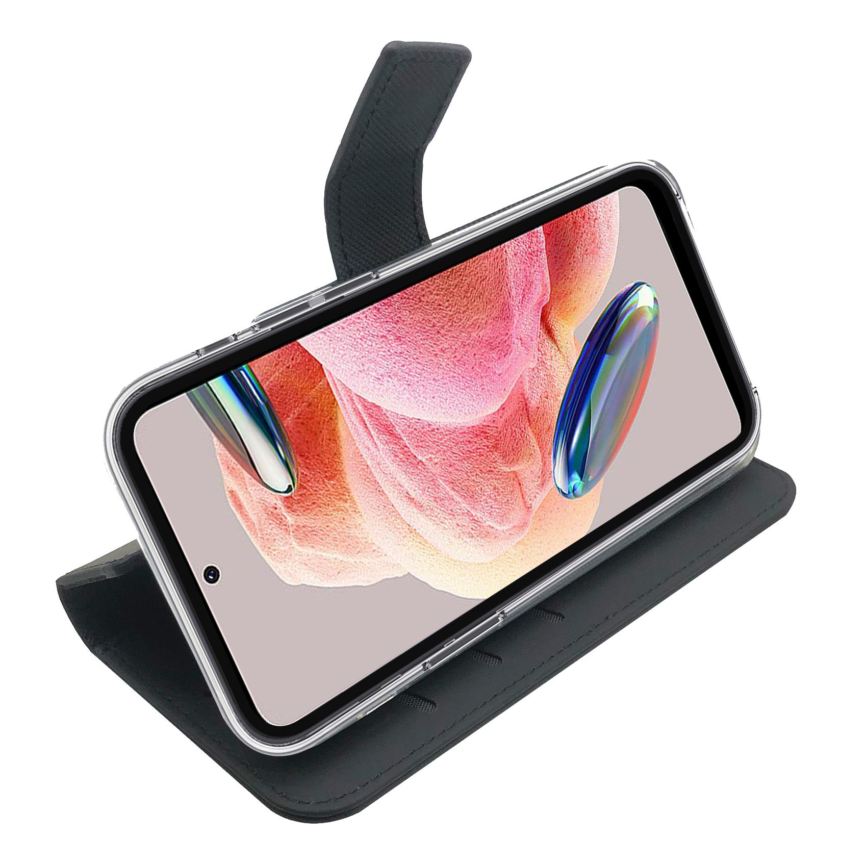 Una custodia per telefono nera aperta, che mostra uno sfondo colorato sullo schermo.
