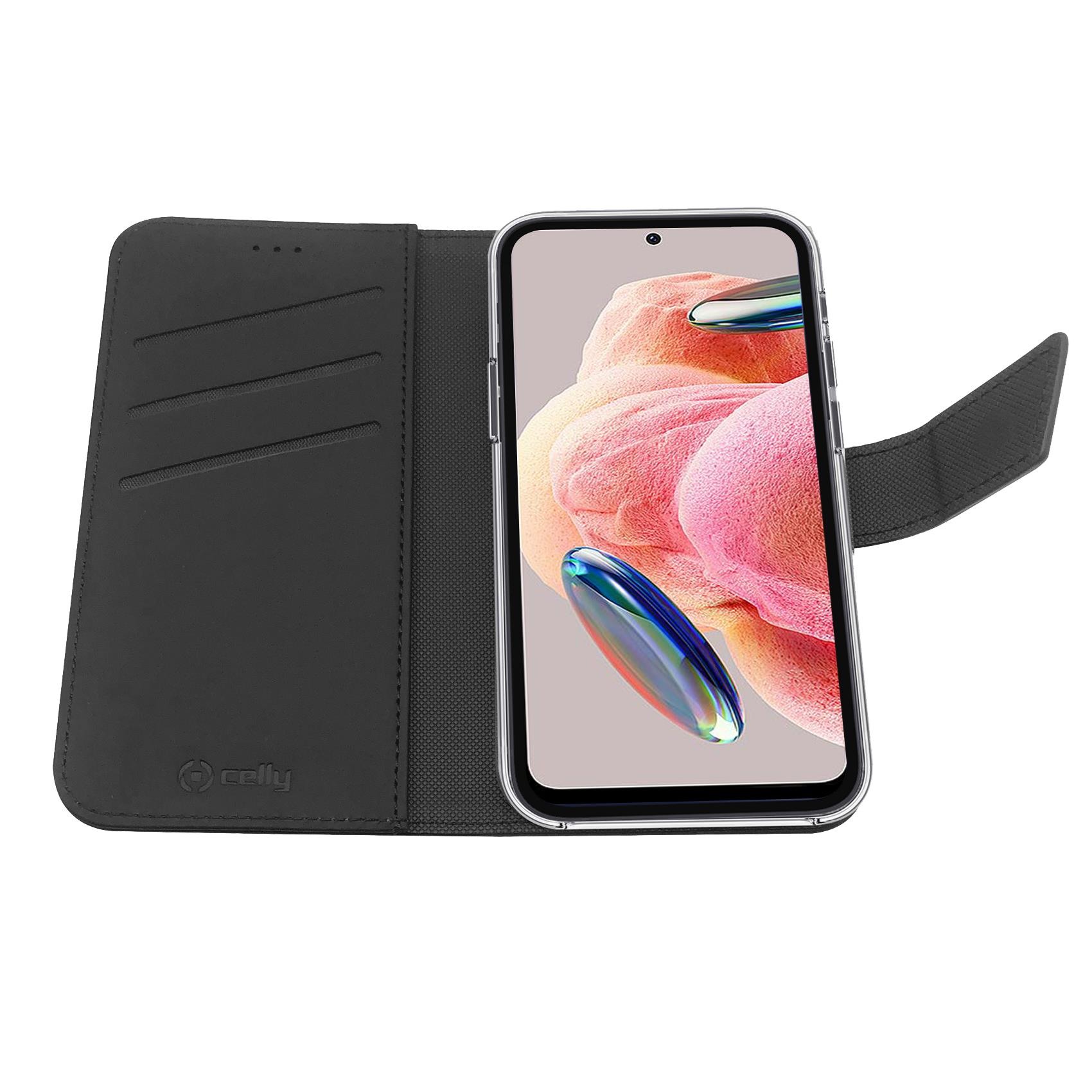 Custodia a libro nera per telefono con slot per carte e display aperto.