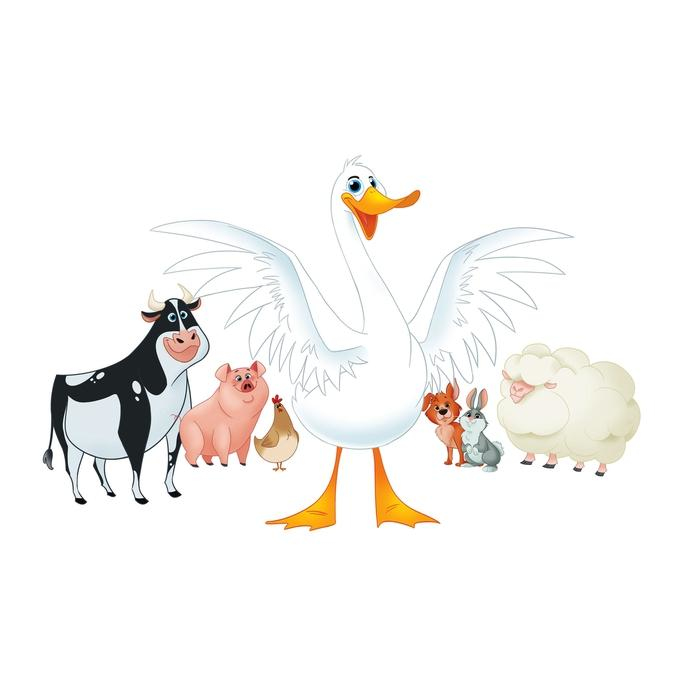 Eine Cartoon-Gans mit ausgebreiteten Flügeln ist umgeben von einer Kuh, einem Schwein, einem Huhn, einem Hund, einem Kaninchen und einem Schaf.
