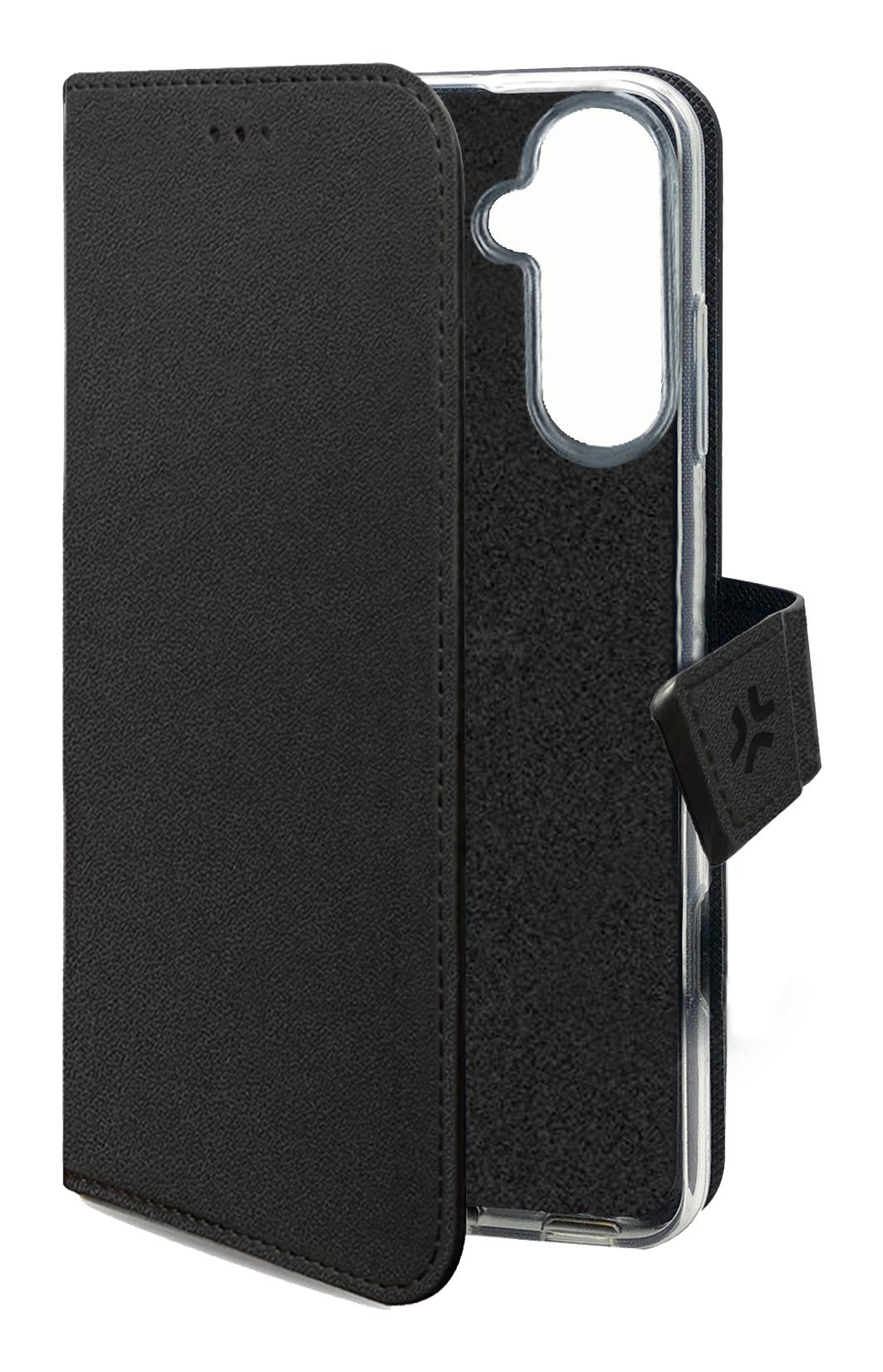 Funda tipo libro negra para smartphone con carcasa transparente y polipiel negro.