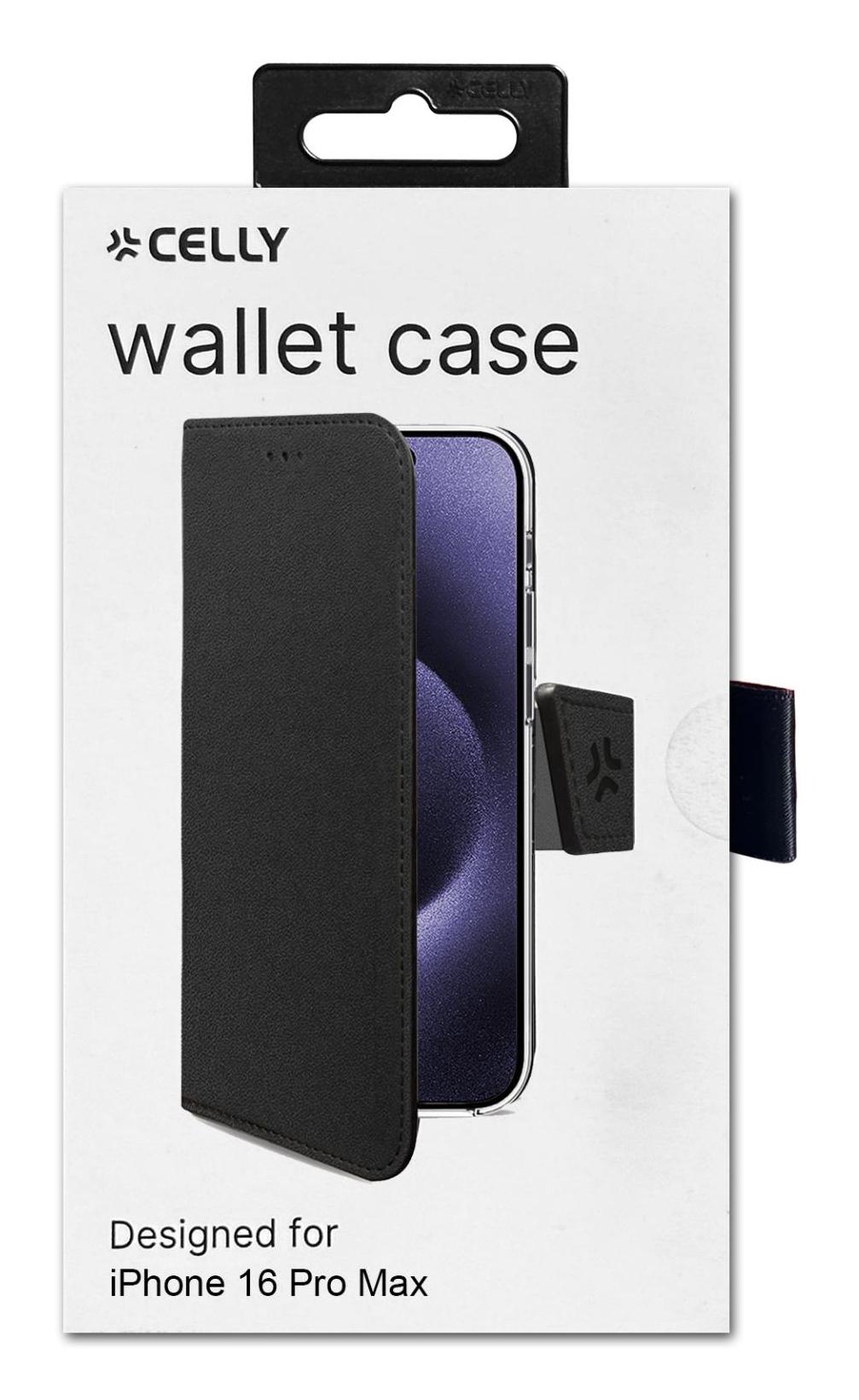 Custodia a portafoglio nera per iPhone 16 Pro Max.