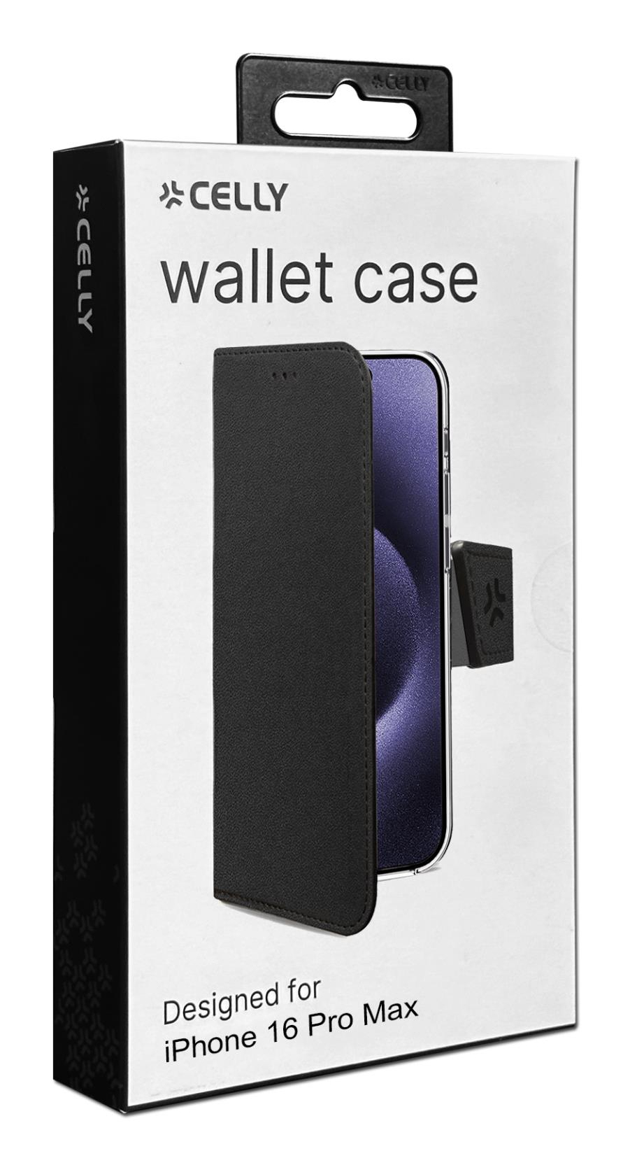 Custodia a portafoglio Celly per iPhone 16 Pro Max, nera, vista frontale su confezione.