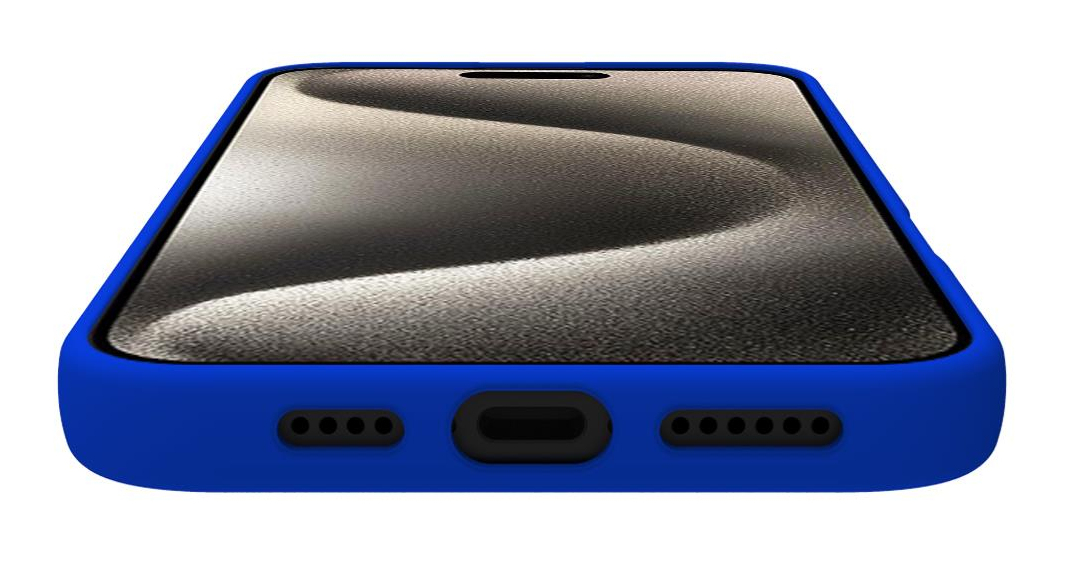 Una custodia per smartphone blu con un ritaglio nero per la porta di ricarica.