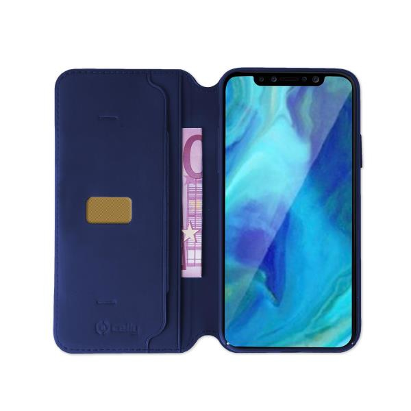 Custodia blu scuro per telefono con banconota in uno slot e sfondo blu.