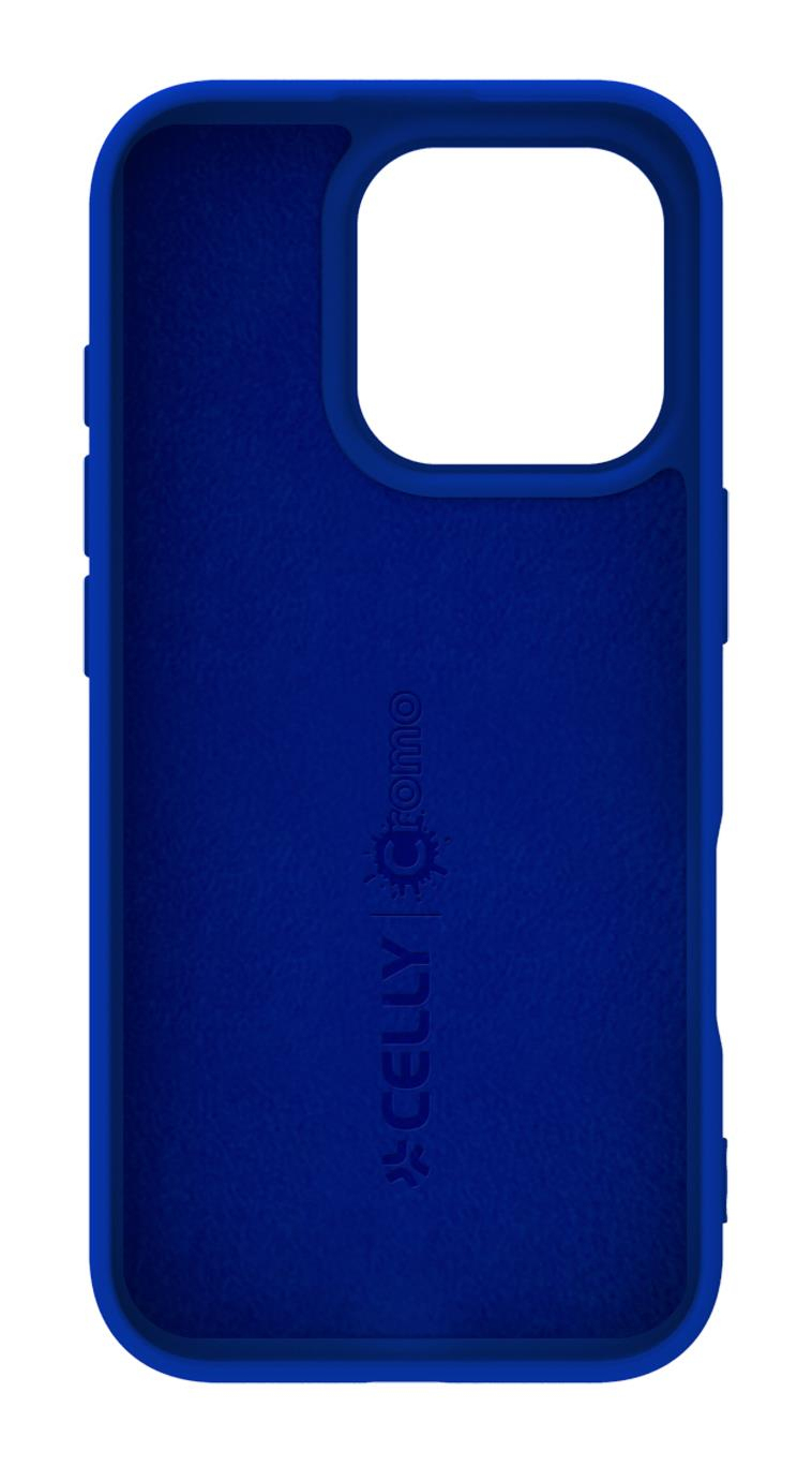 Il retro di una custodia blu per telefono con ritaglio fotocamera e logo.