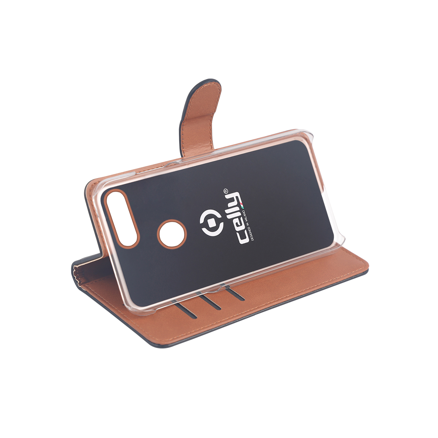 Custodia a portafoglio in pelle marrone per smartphone con cornice trasparente.