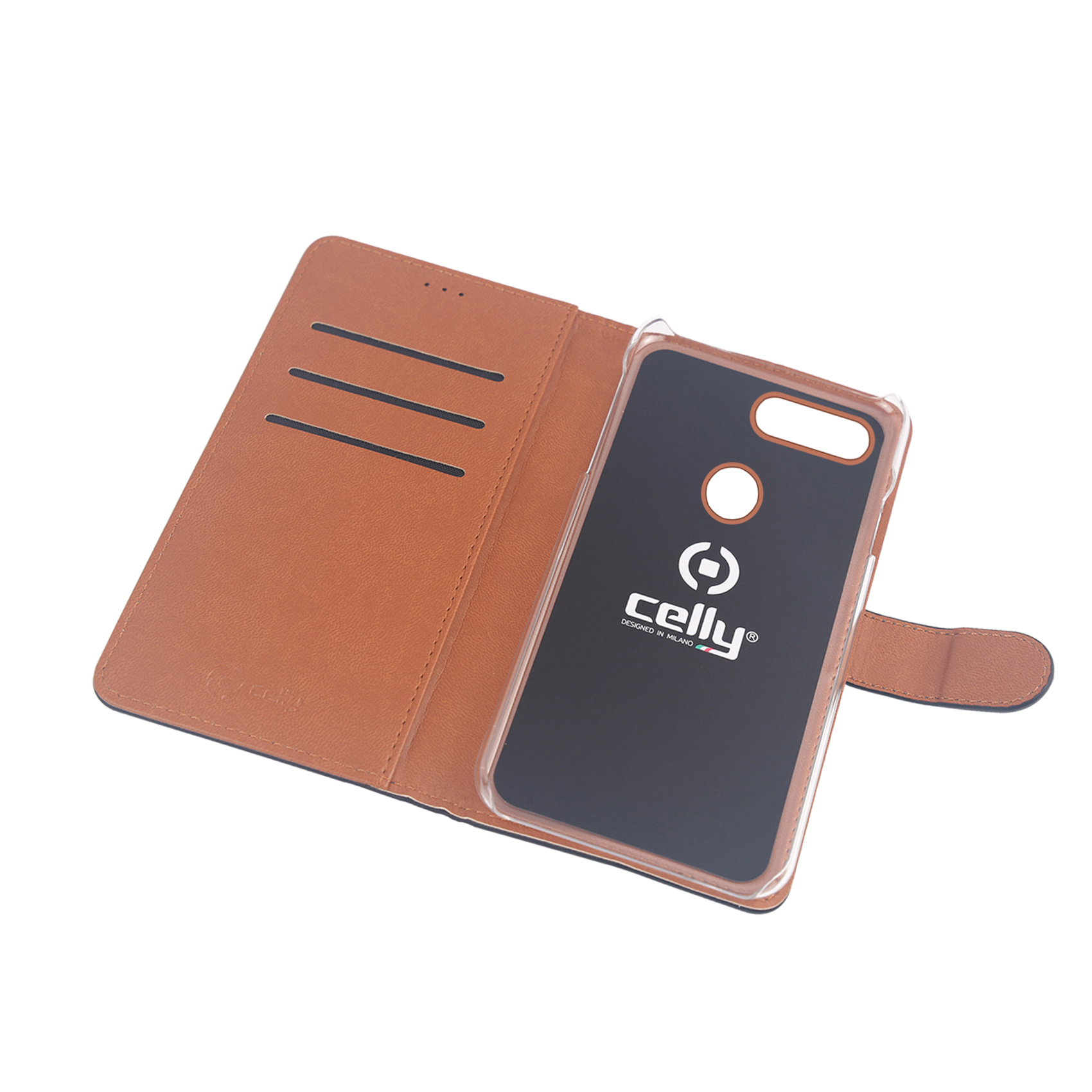 Custodia a libro in pelle marrone per smartphone, aperta con inserto trasparente.