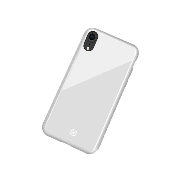 Uno smartphone bianco con fotocamera posteriore, su sfondo bianco.