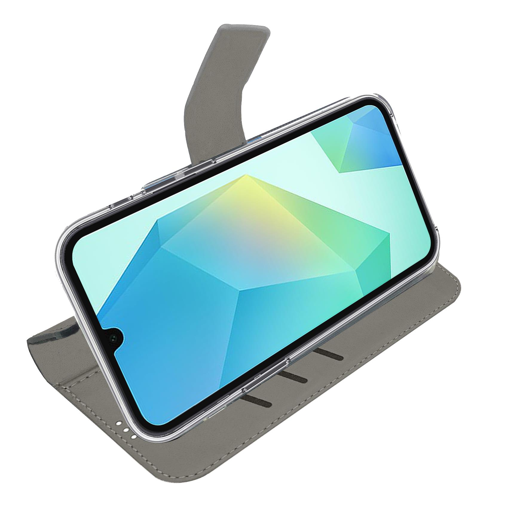 Custodia grigia per telefono con flip cover aperta, smartphone con sfondo astratto.