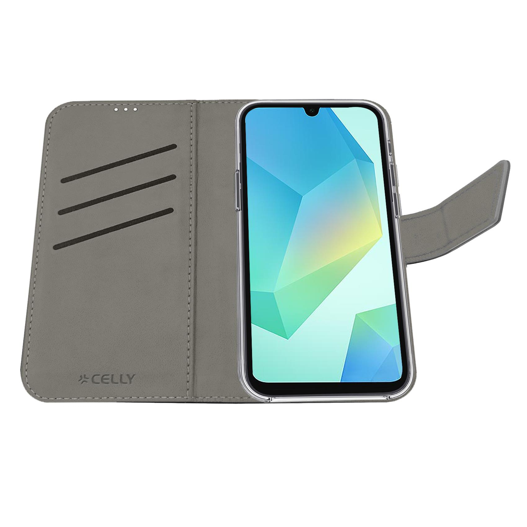 Custodia a libro grigia per telefono con slot per carte, mostra uno smartphone.