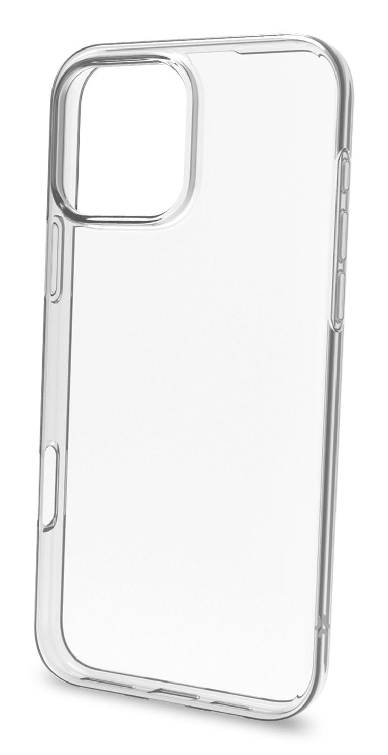Una cover trasparente per telefono con ritagli per fotocamera e pulsanti.