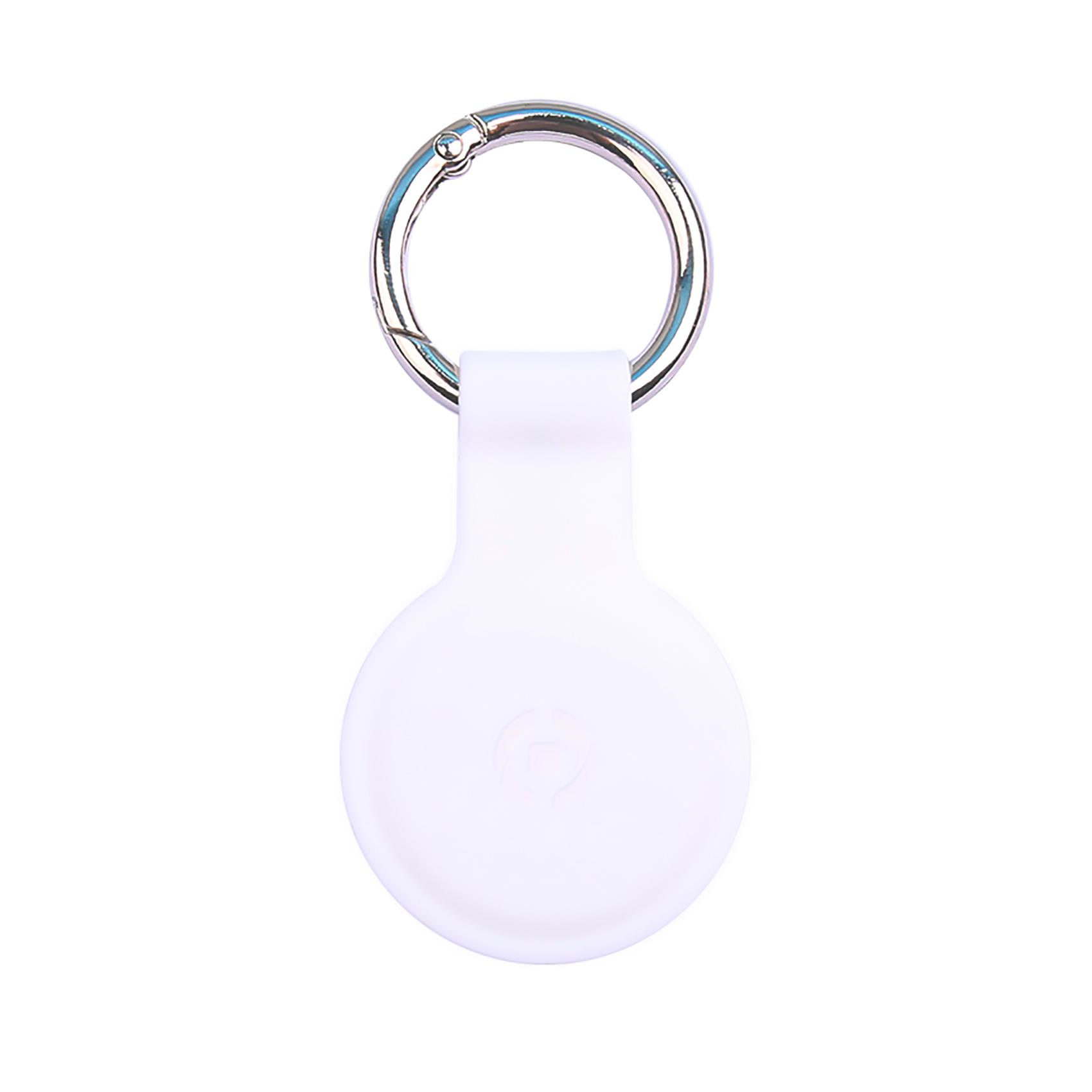 Un accessorio bianco per portachiavi con anello argentato su sfondo bianco.