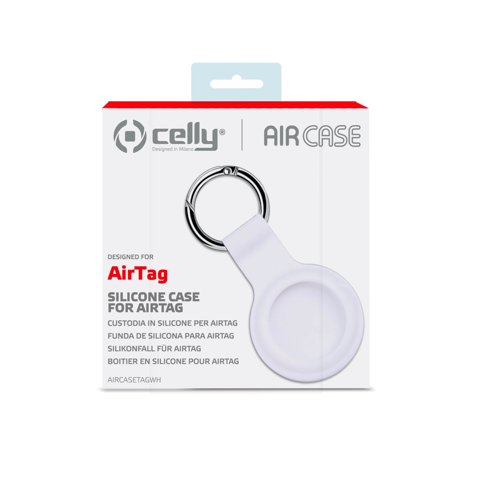 Custodia in silicone bianca per AirTag con portachiavi su confezione bianca.