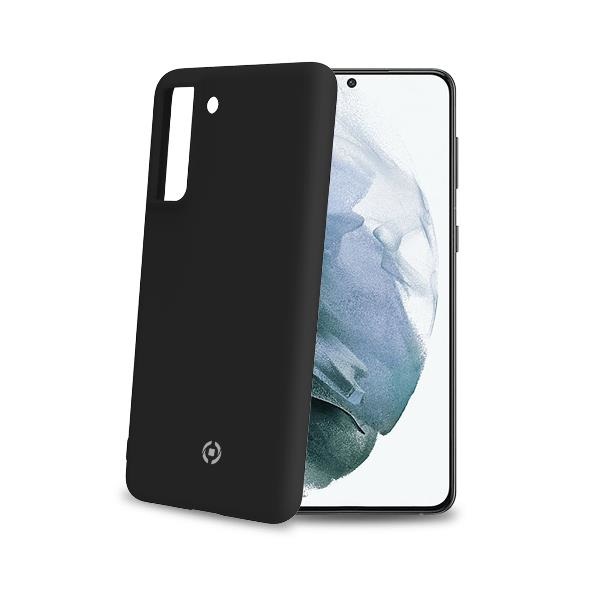 Custodia nera per telefono accanto a uno smartphone con sfondo blu e bianco.