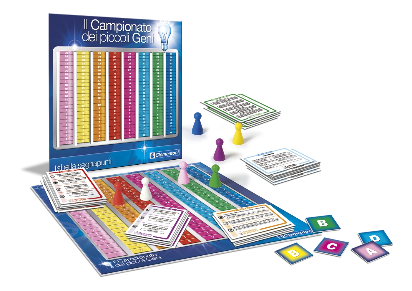 Brettspiel mit Spielbrett, Punktezähltafel, Spielfiguren und Karten.