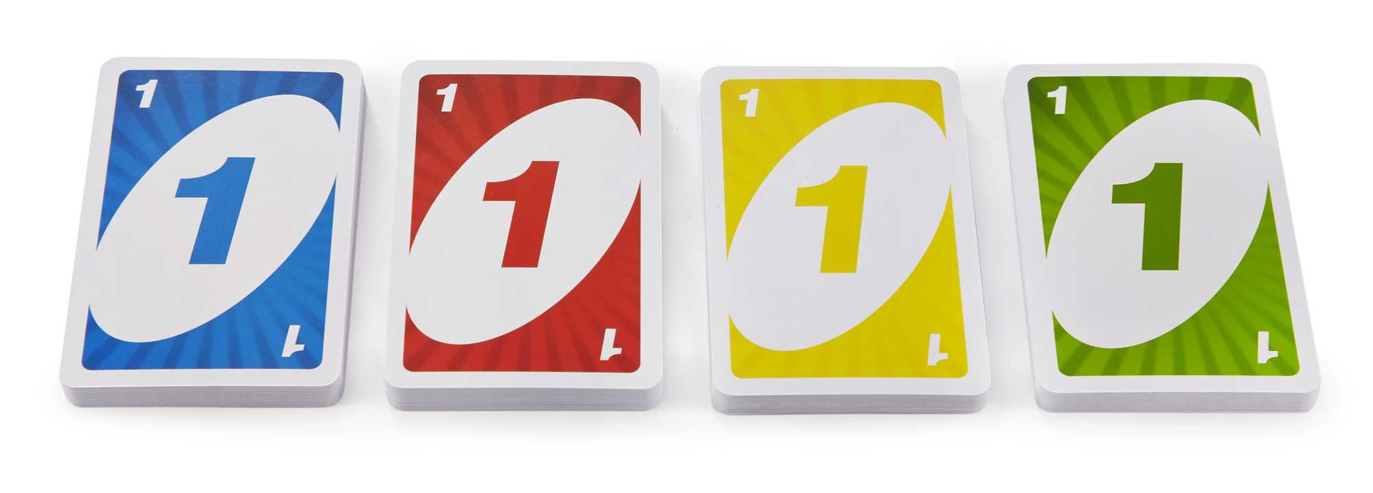 Vier UNO-Karten mit der Zahl 1 in Blau, Rot, Gelb und Grün.