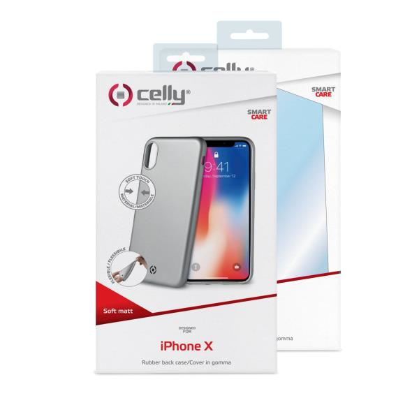 Confezione di una cover argentata per iPhone X e protezione schermo Celly.