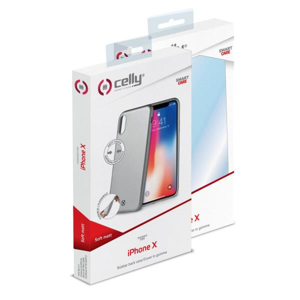 Confezione per cover posteriore in gomma grigia per iPhone X.