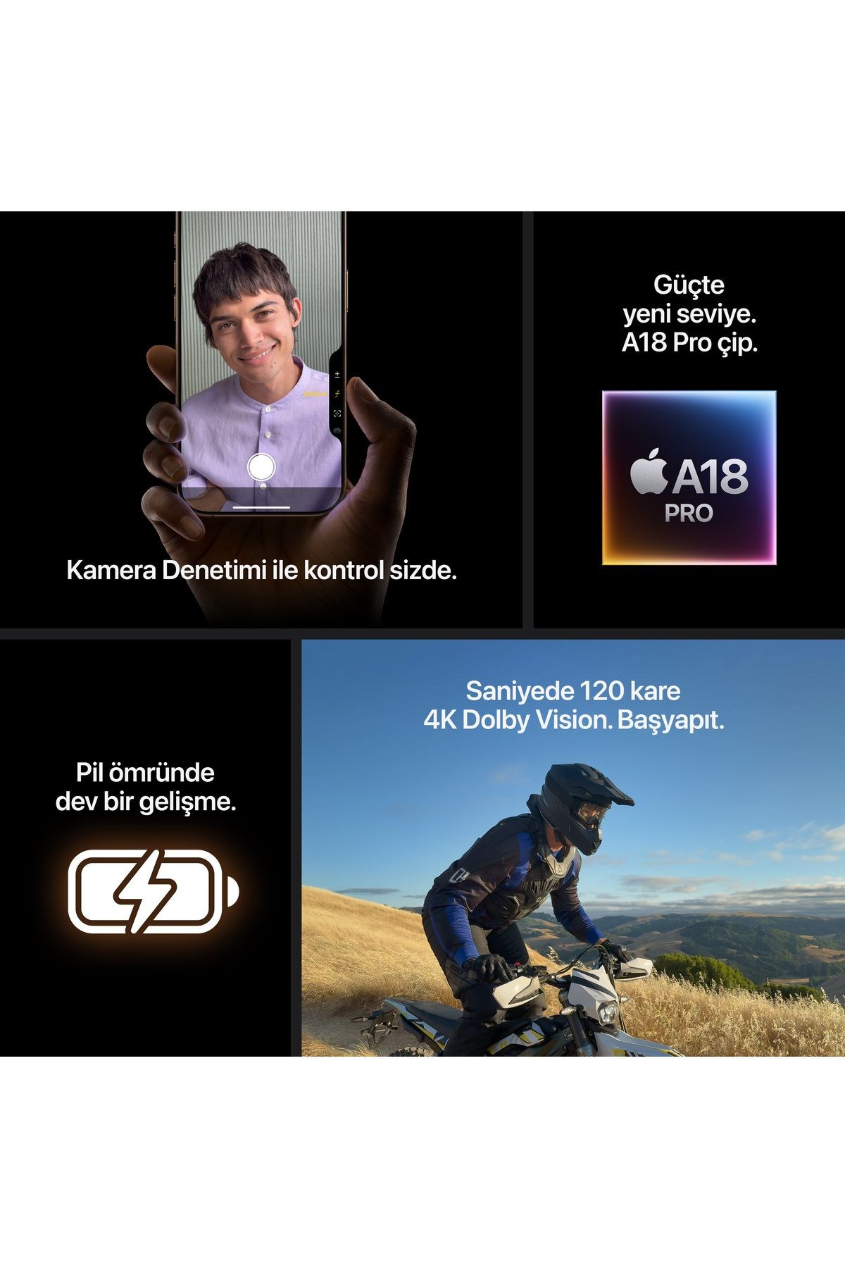 Bir adam iPhone ile selfie çekiyor, A18 Pro çip görünüyor.