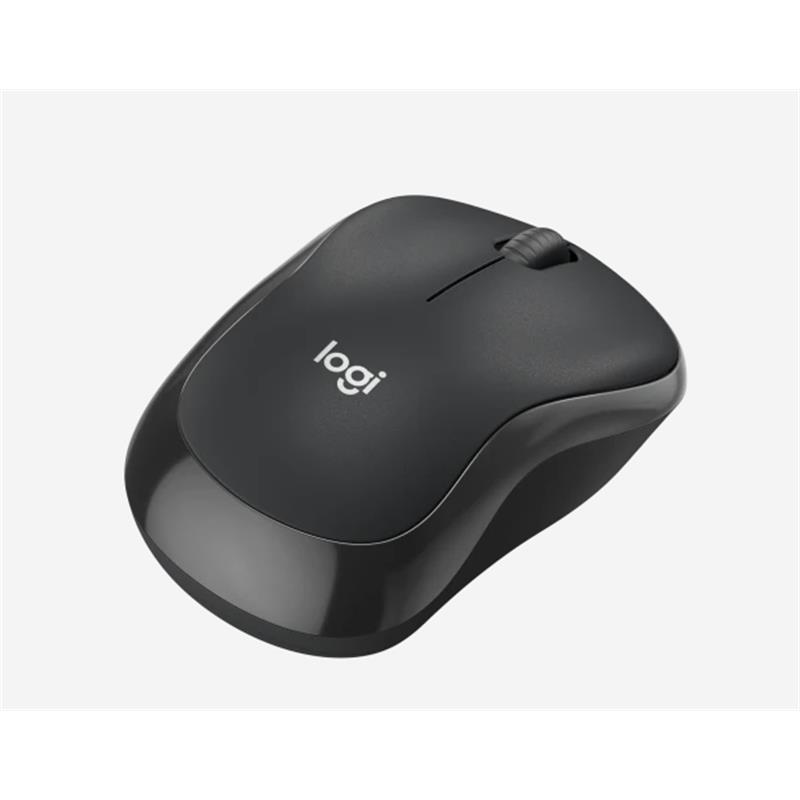 Gri arka plan üzerinde kaydırma tekerleği ve logosu olan siyah Logitech fare.