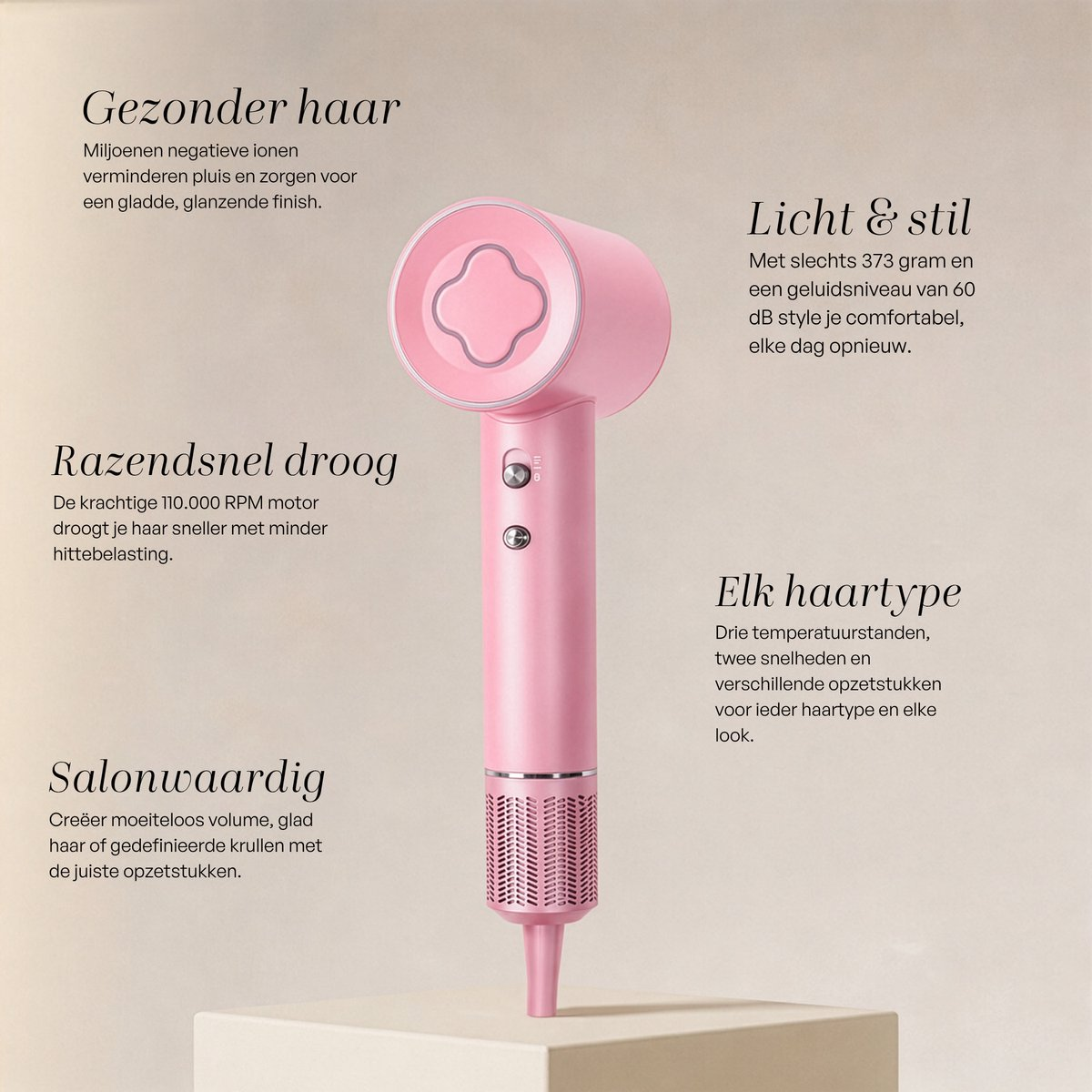 Un asciugacapelli rosa con dettagli neri e testo.