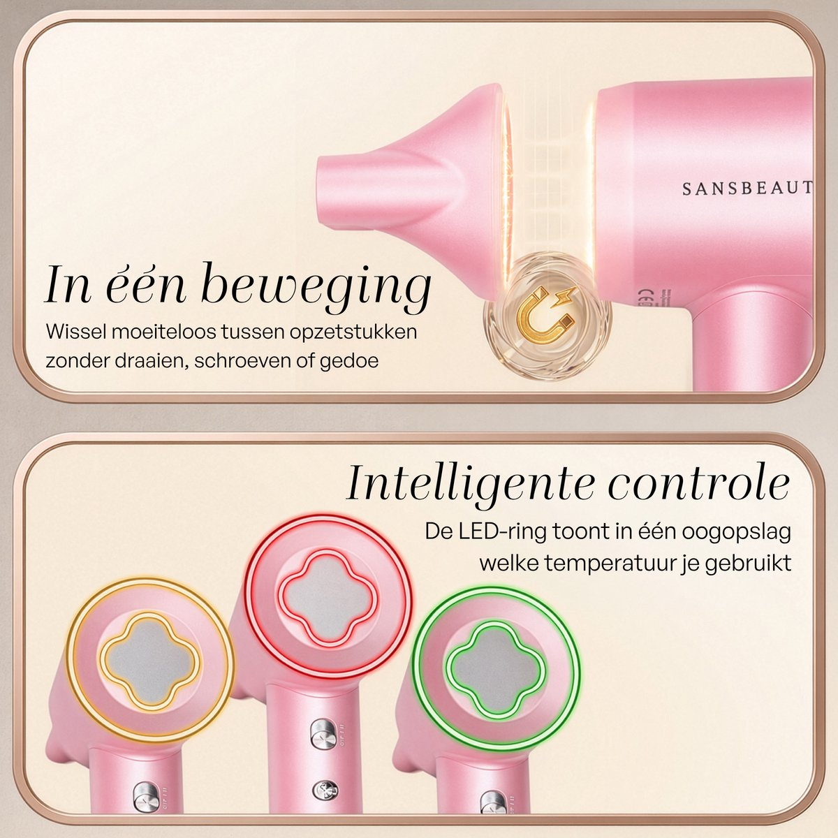 Un asciugacapelli rosa con accessori magnetici e indicatore LED della temperatura.