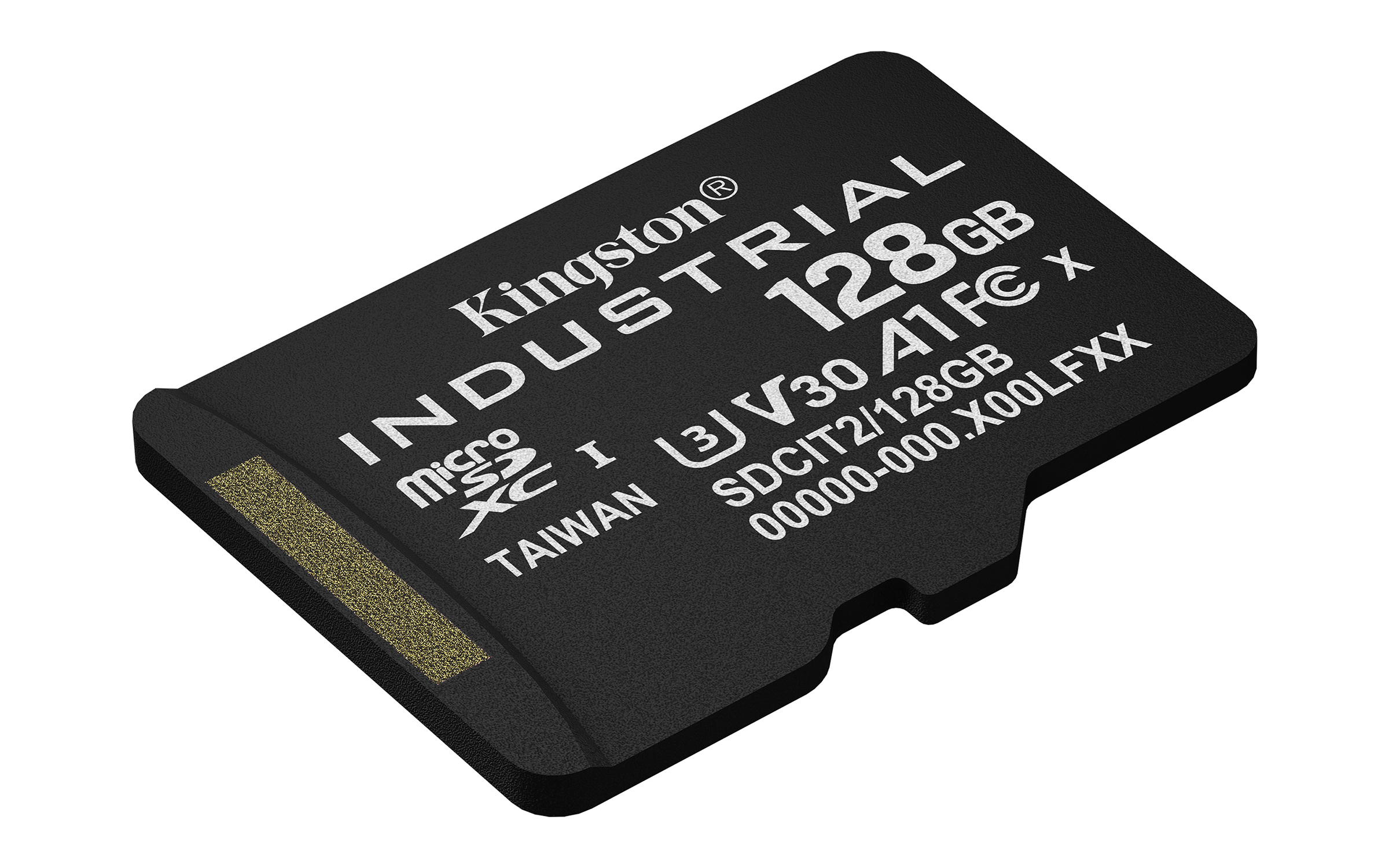Scheda Kingston MicroSDXC nera da 128GB, etichettata 'Industrial' e 'Taiwan'.