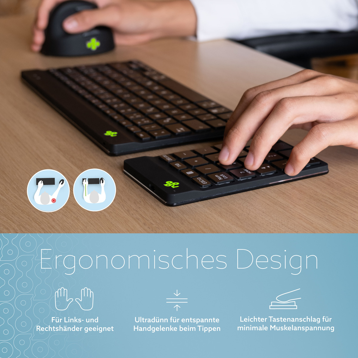 Tastiera e mouse ergonomici su una scrivania, con le mani in primo piano.