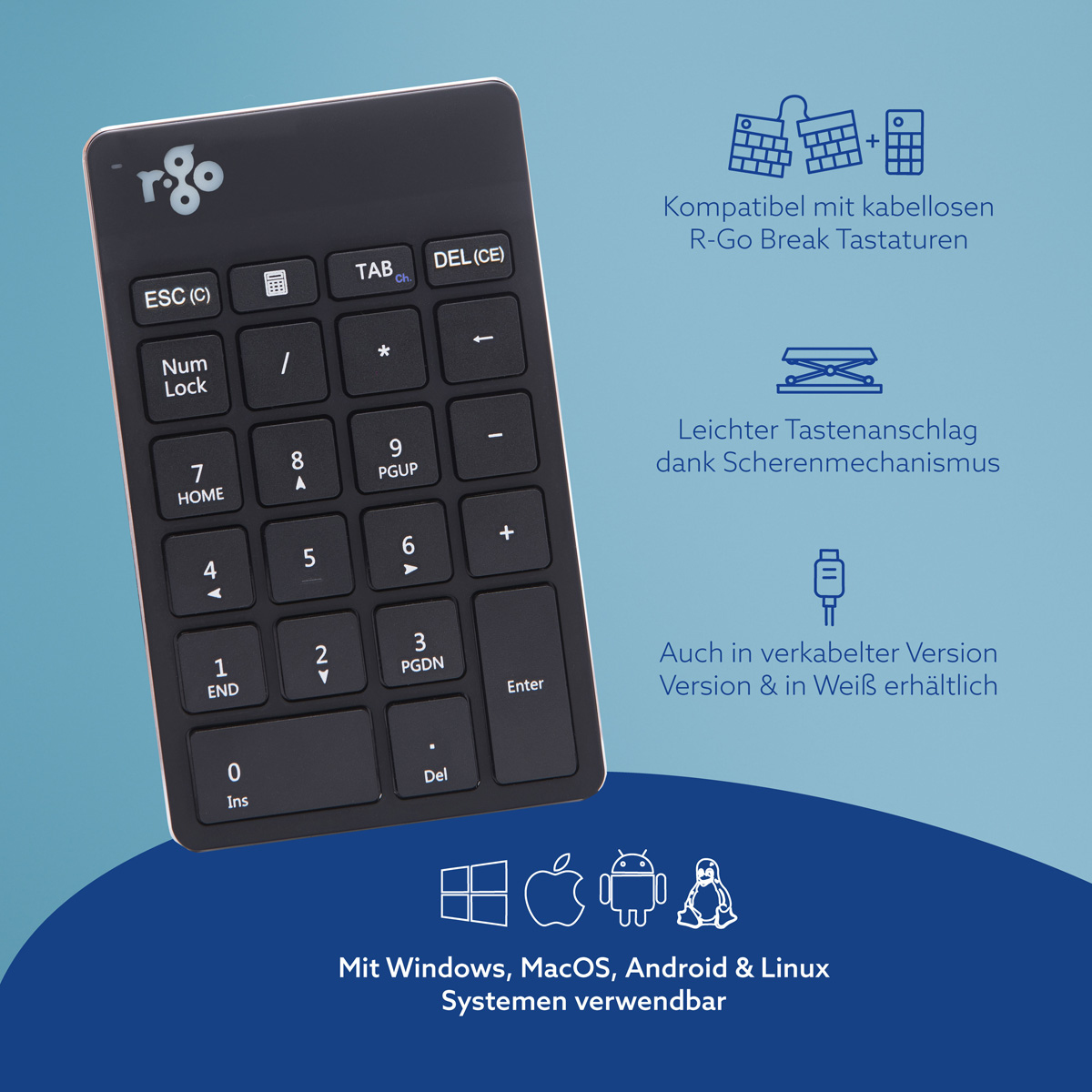 Tastierino numerico nero con logo R-Go, compatibile con Windows, macOS, Android e Linux.