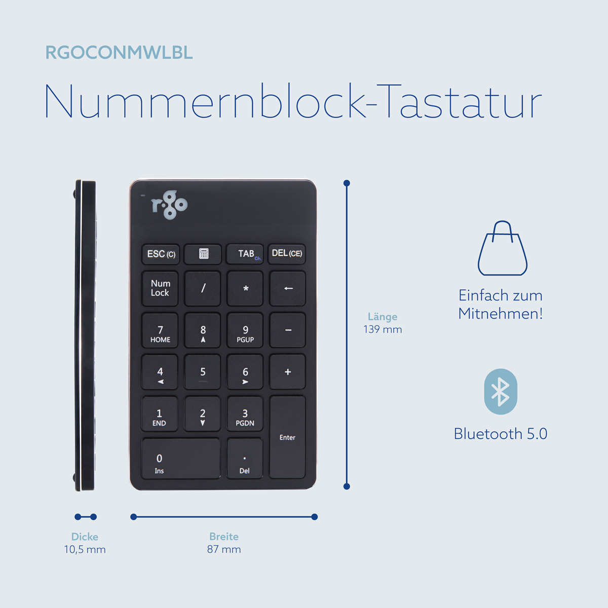 Tastierino numerico nero con Bluetooth 5.0. Dimensioni: 139x87x10,5 mm.