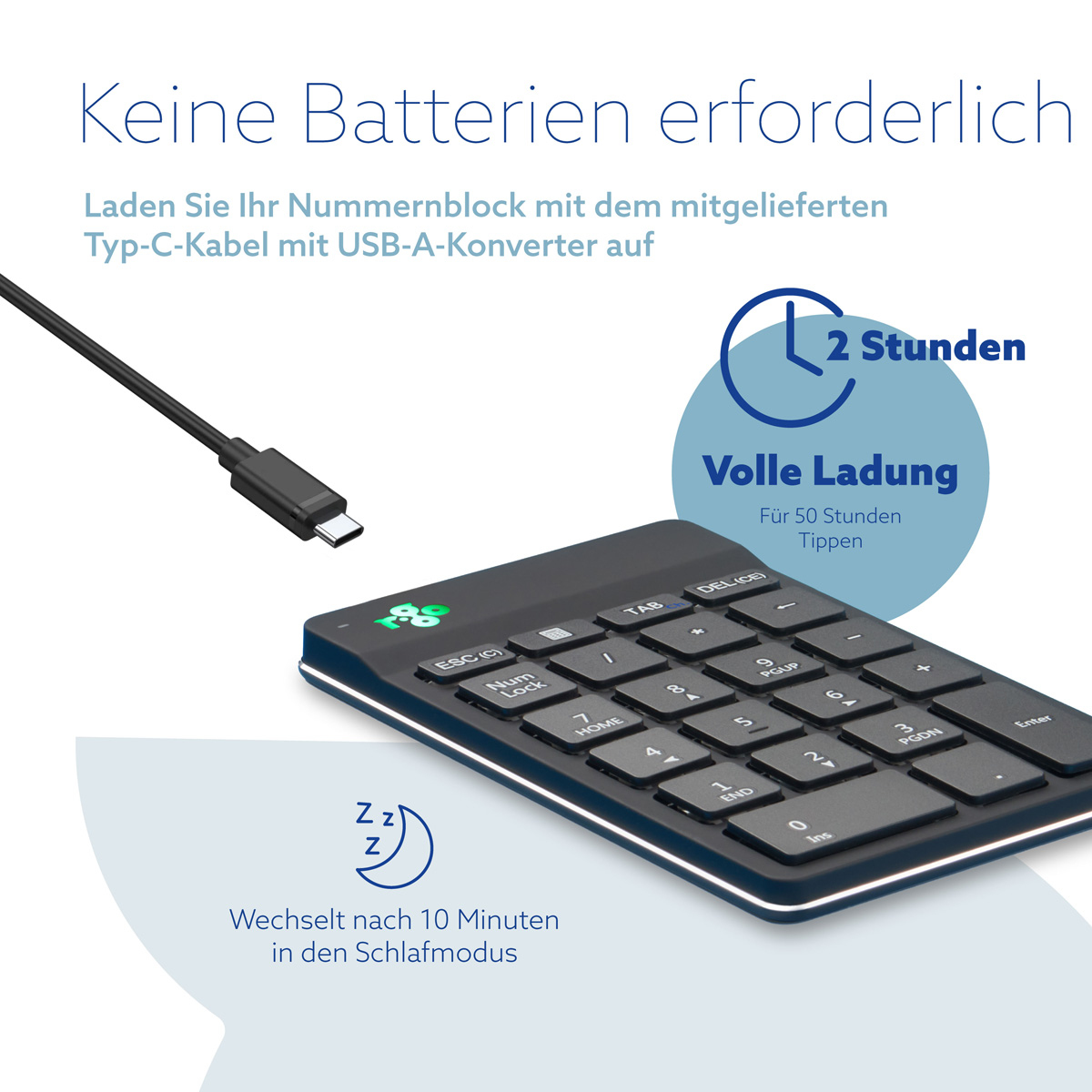 Mostrato un tastierino numerico nero con cavo USB-C. Si carica in 2 ore e dura 50 ore.