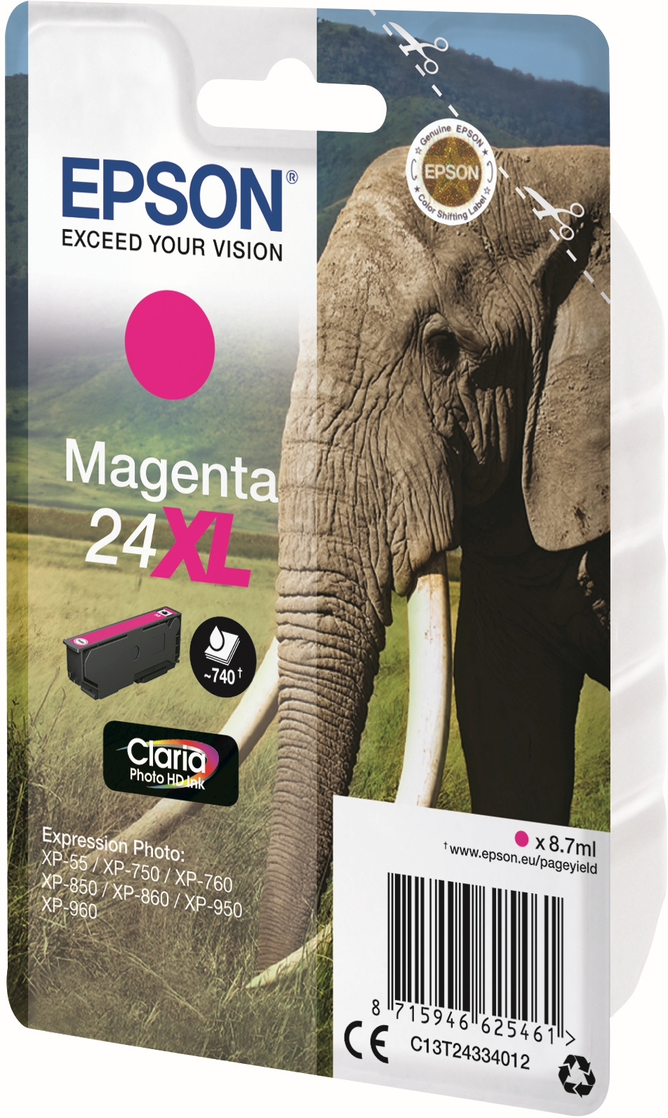 Cartuccia d'inchiostro Epson Magenta 24XL con immagine di elefante, per stampanti Expression Photo.