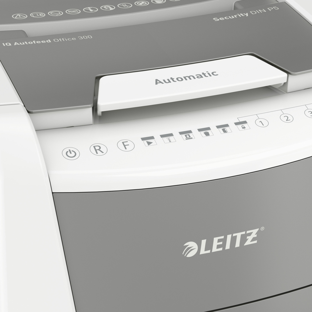 Ein Leitz Aktenvernichter mit "Automatic" und Symbolen für Strom, R, F und Sicherheit.