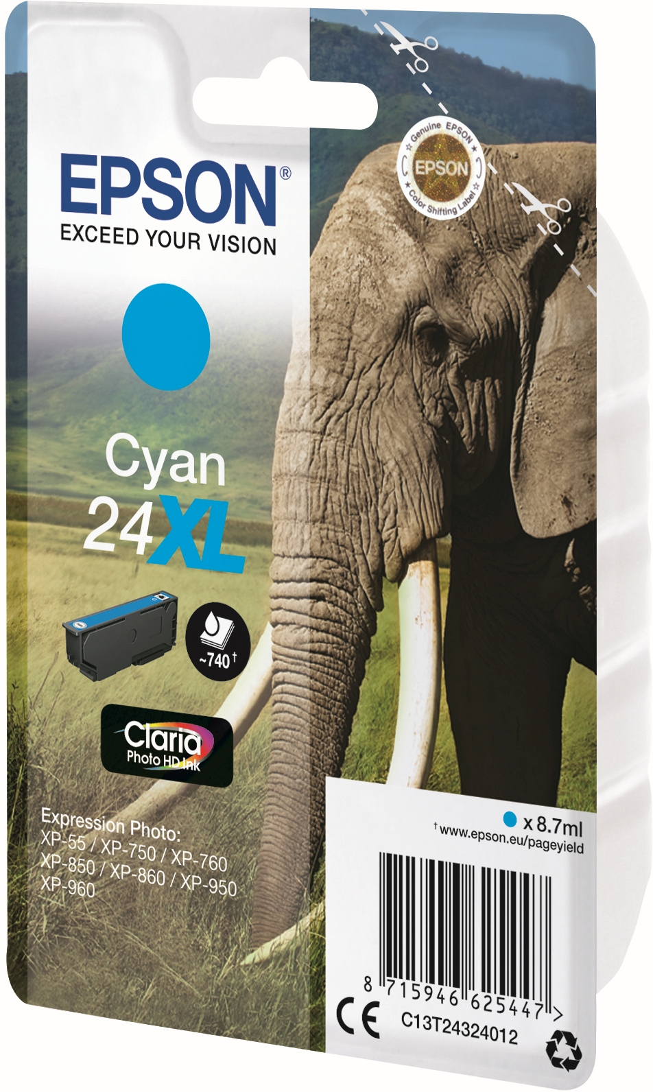 Cartuccia d'inchiostro Epson Cyan 24XL con elefante e segni di taglio.