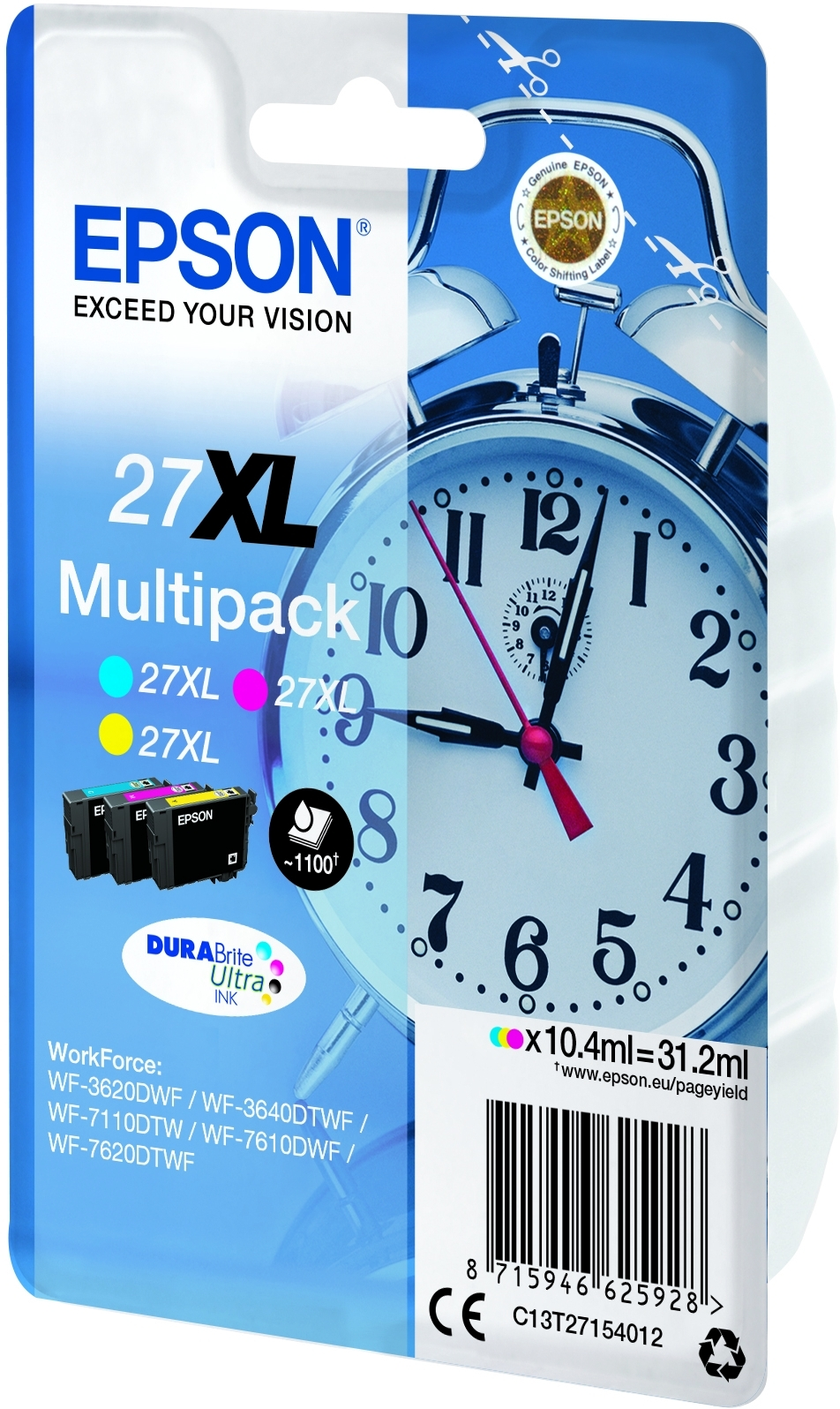 Multipack Epson 27XL con tres cartuchos de tinta, despertador de fondo.