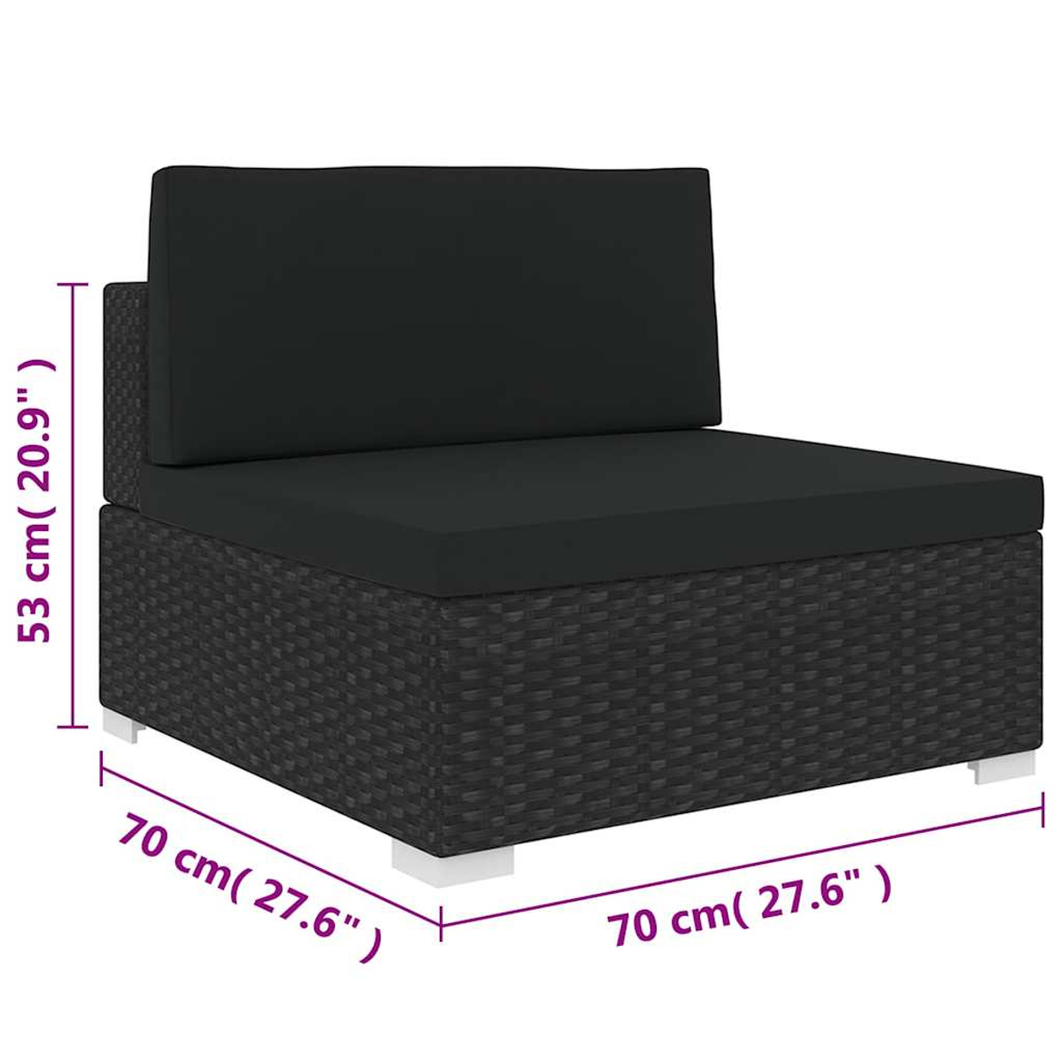 Ein schwarzes Loungesofa mit Kissen, 70x70x53 cm.