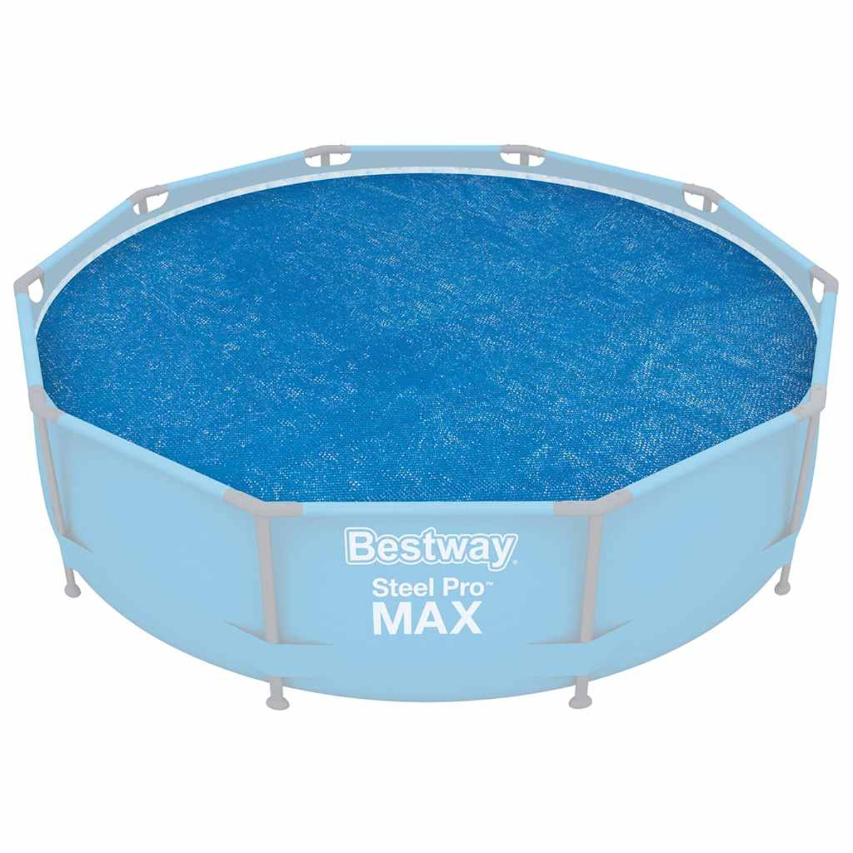 Una piscina ovalada Bestway Steel Pro MAX azul claro con cubierta solar.