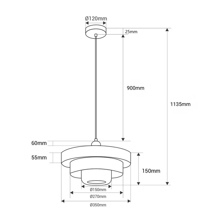 Dibujo técnico de una lámpara colgante con dimensiones. Montaje en techo Ø120mm.