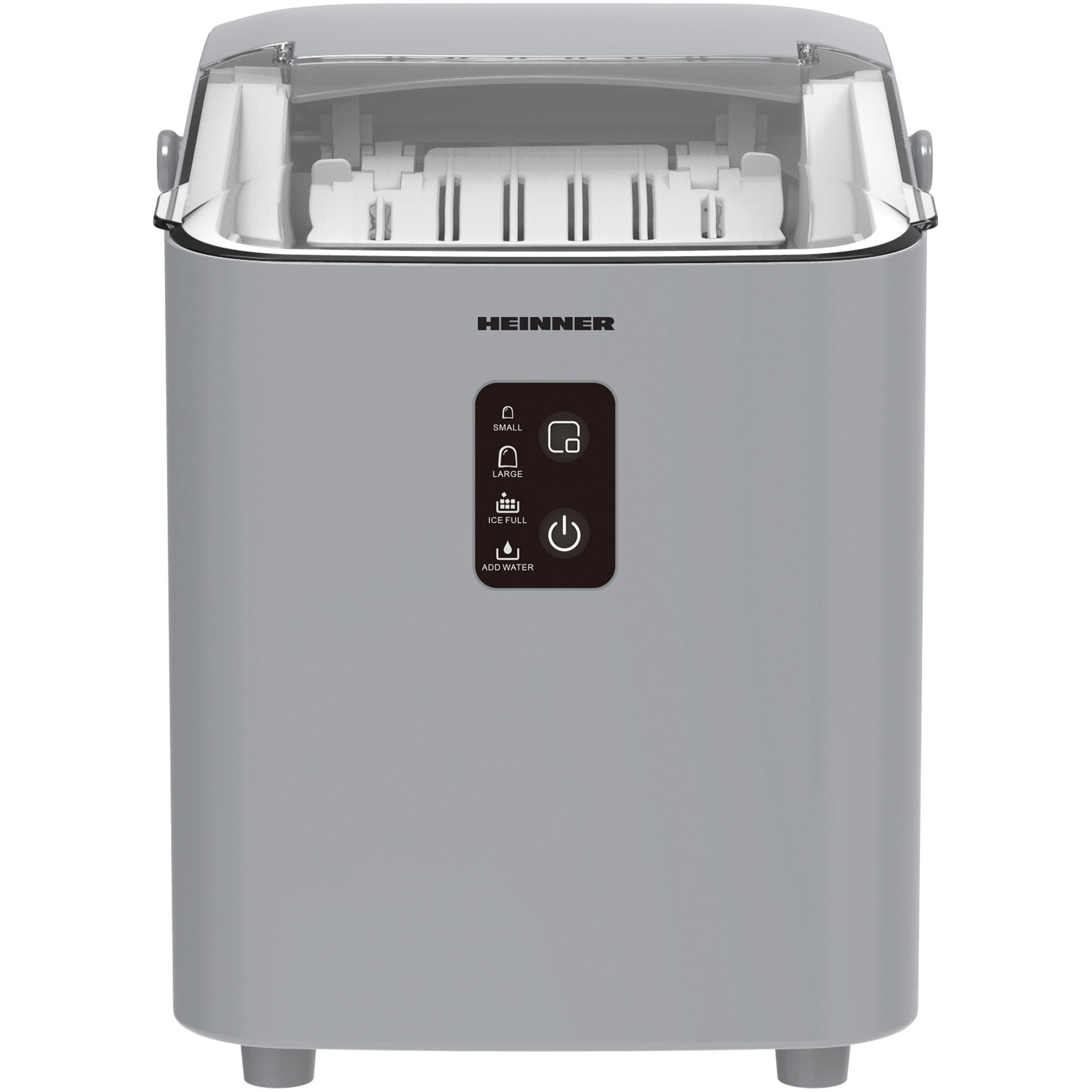 Graue Eismaschine mit transparentem Deckel und Bedienelementen.