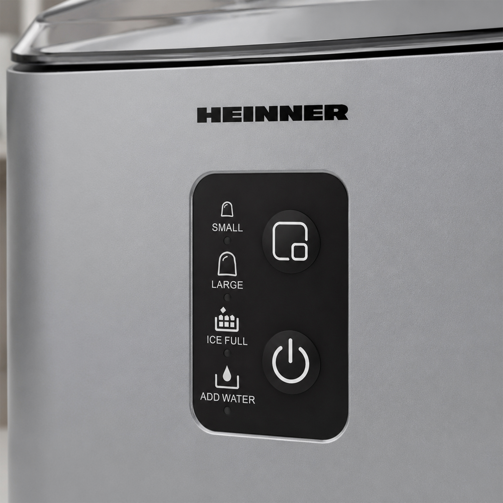Graue Eismaschine mit schwarzem Bedienfeld, Symbolen für Eisgröße, Füllstand und Wasser.