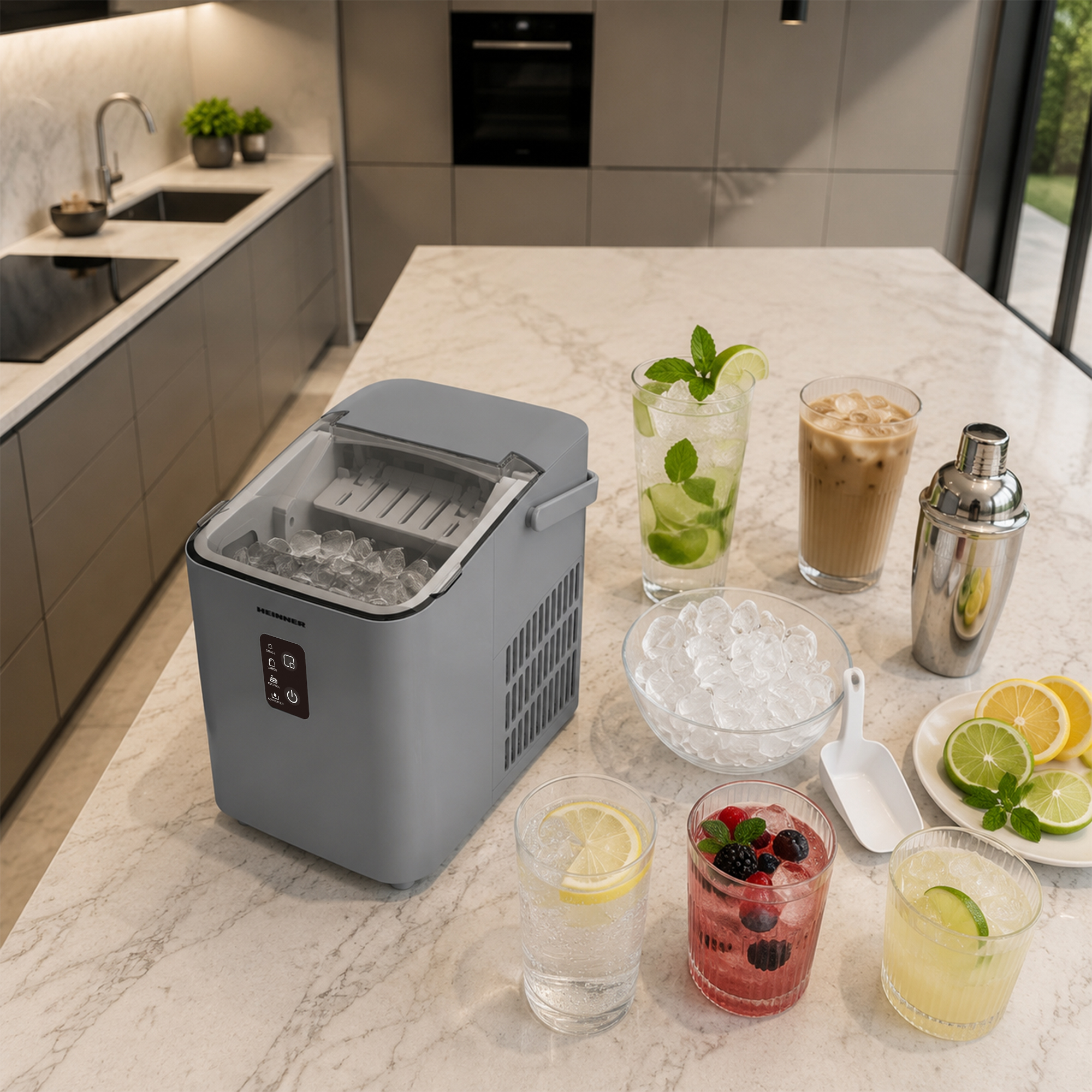 Eismaschine mit Eiswürfeln, Getränken und Garnituren auf einer Marmorarbeitsplatte.