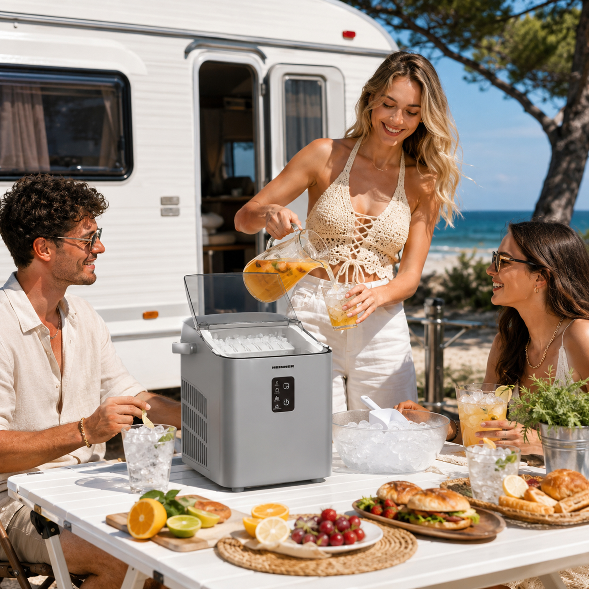 Drei Personen trinken an einem Wohnmobil am Strand. Eine Frau schenkt Saft ein.