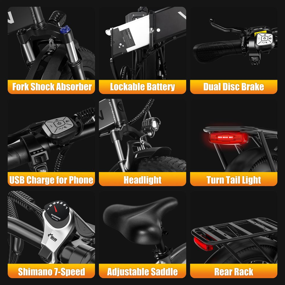 Componenti e-bike: forcella, batteria, freni, luci, sella, portapacchi.