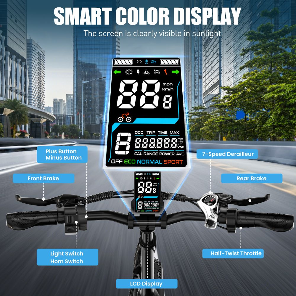 Manubrio e-bike con display LCD, freni, cambio e acceleratore.