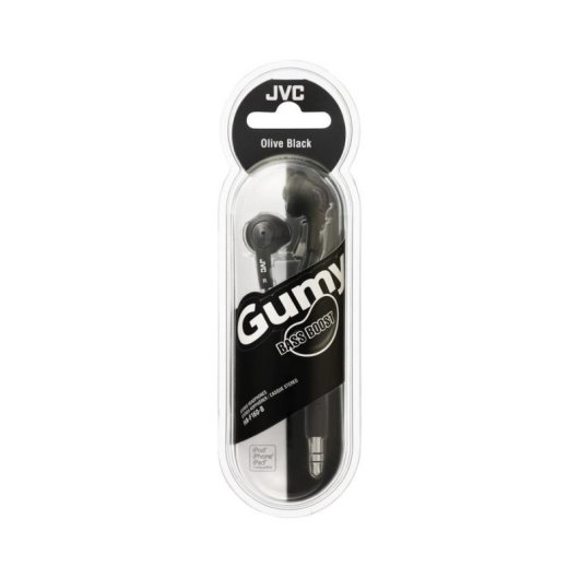 Auricolari JVC Gummy Bass Boost nero oliva, confezionati.