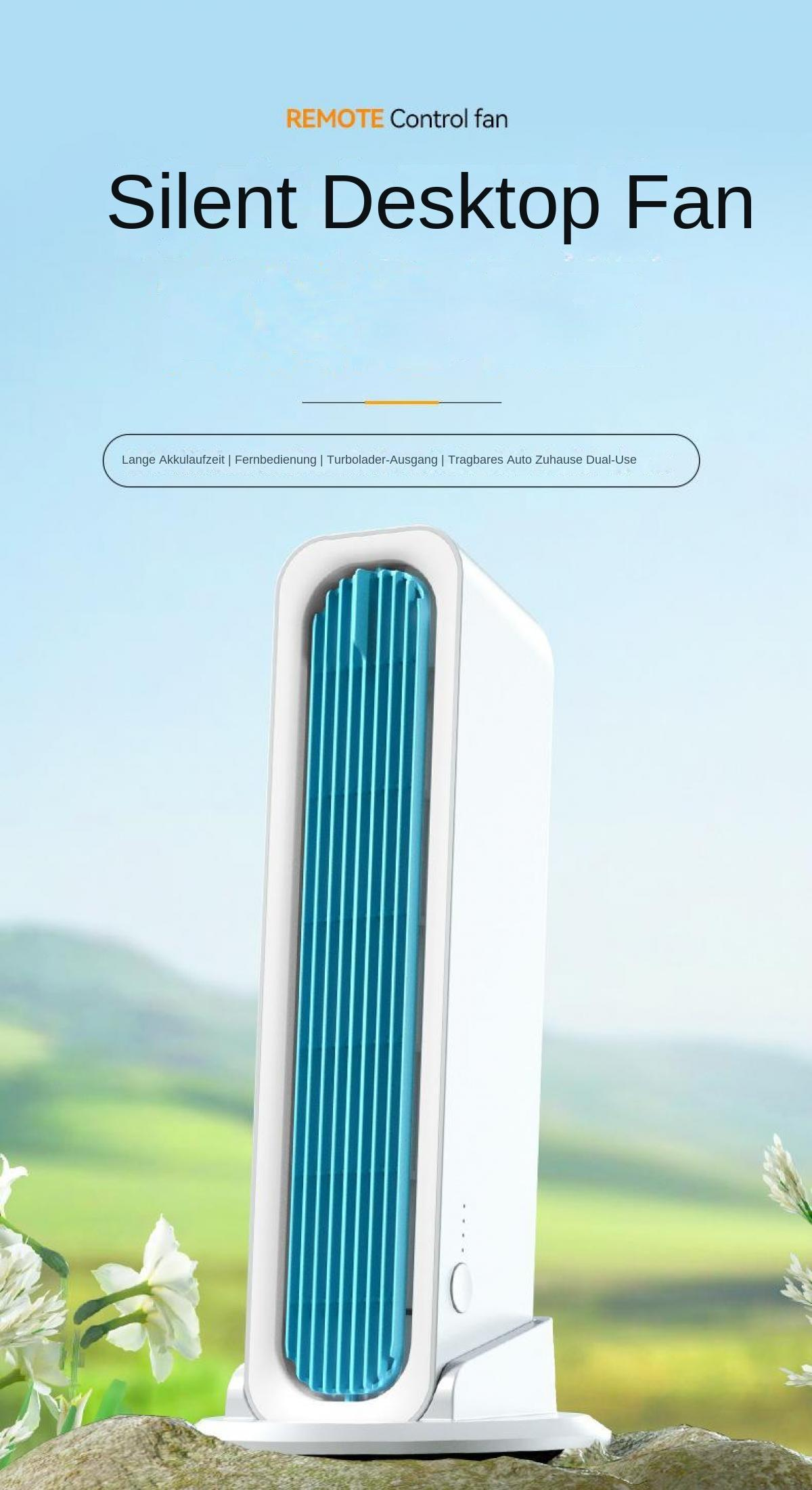 Ein weißer Tischventilator mit blauen Lamellen steht auf einem Stein im Freien.