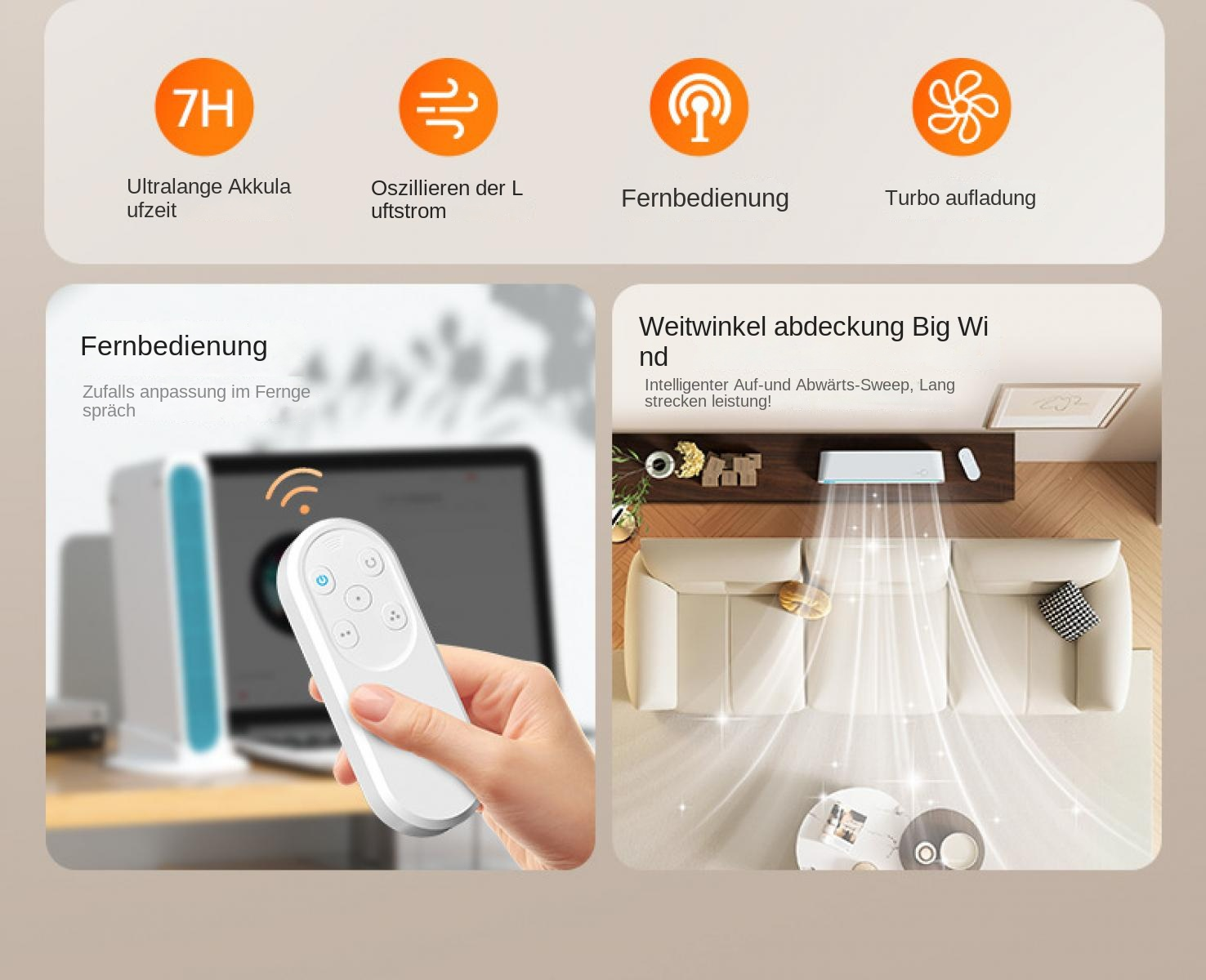 Mehrere Icons zeigen Ultralange Akkulaufzeit, Oszillieren, Fernbedienung, Turboaufladung.