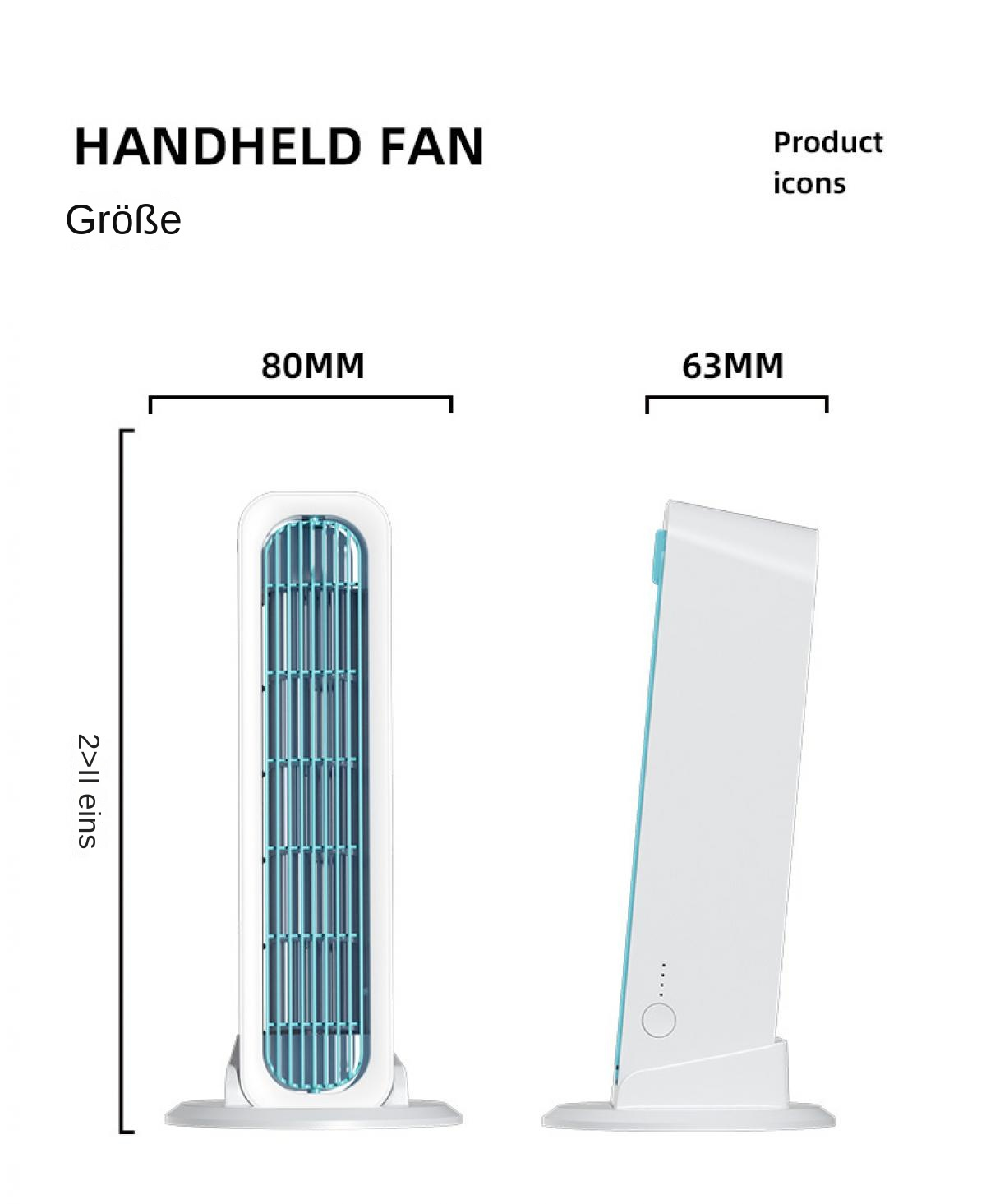 Ein weier Standventilator mit blauen Lamellen, 80 mm breit, 63 mm tief.