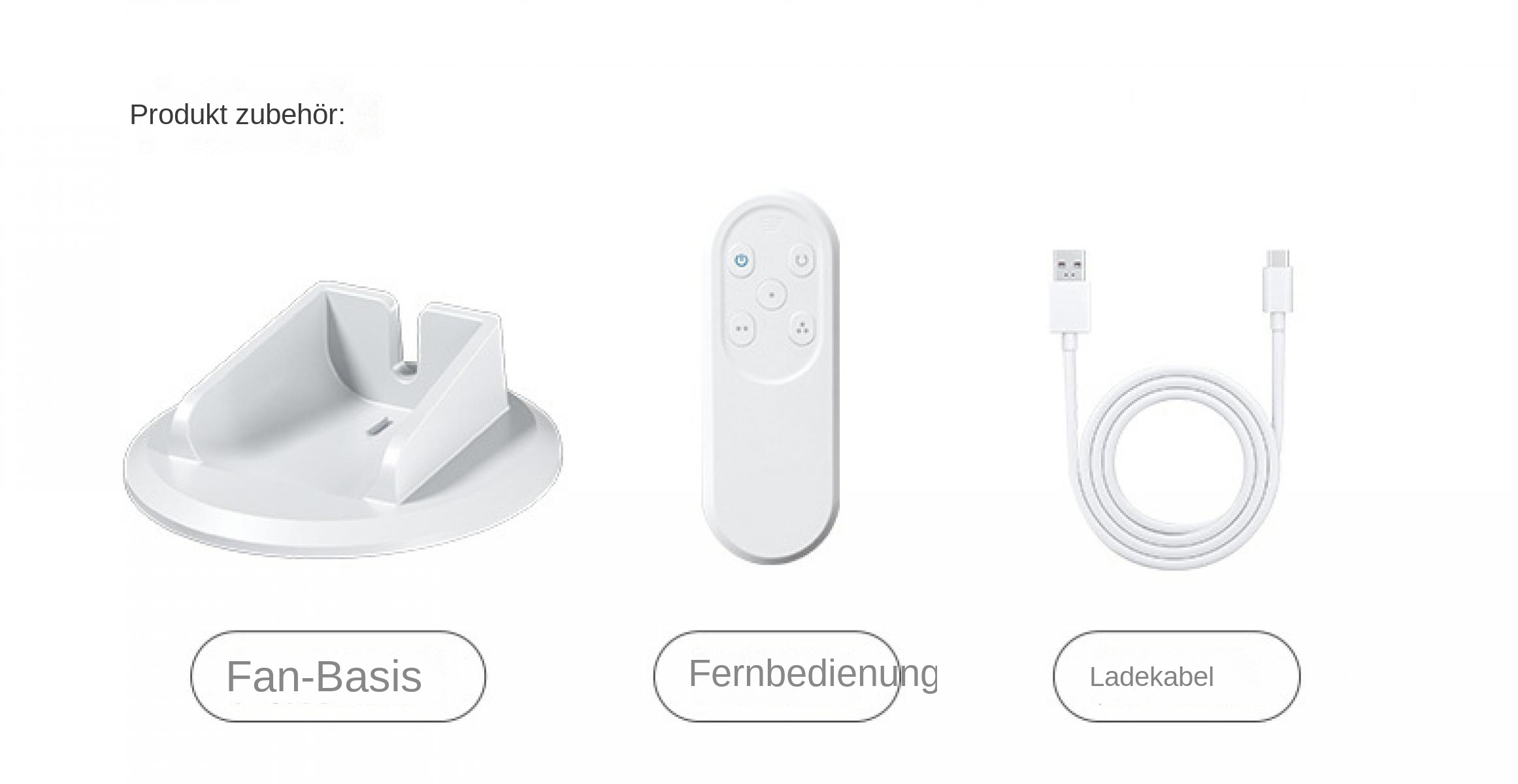 Ein weißer Lüftersockel, eine Fernbedienung und ein Ladekabel auf weißem Grund.